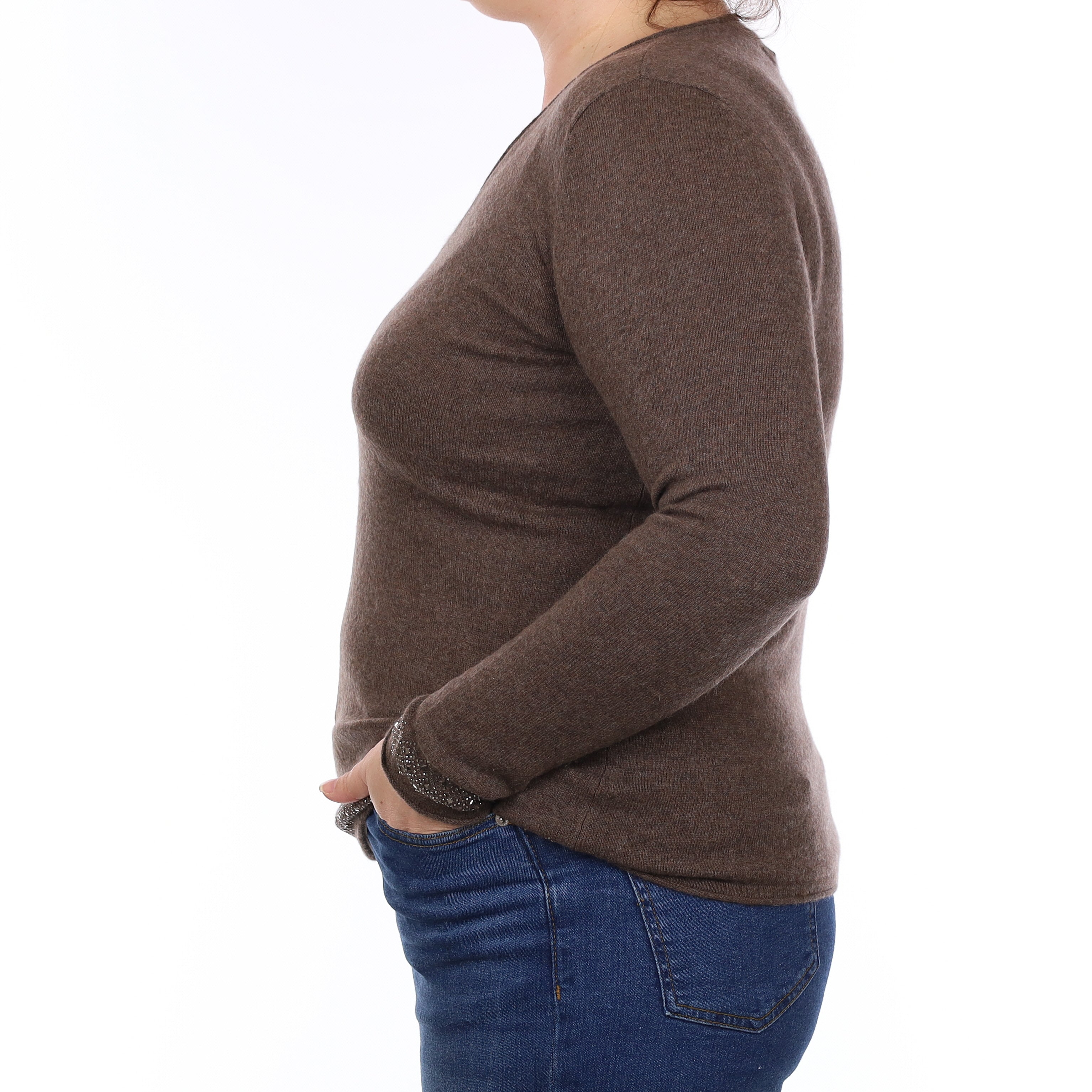 Mocha Brown Embellished Cashmere V Neck Jumper Large