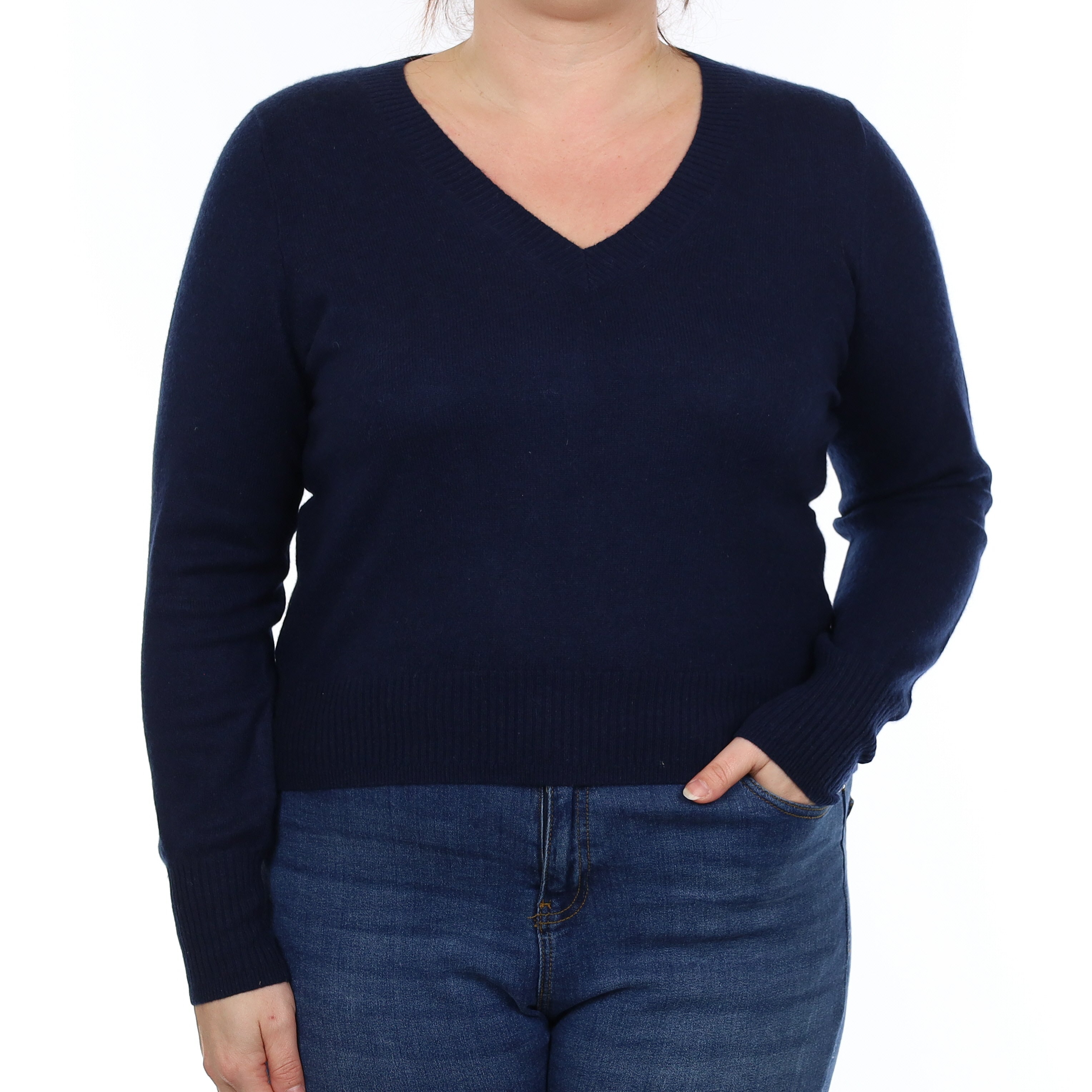 Navy Blue Cashmere V Neck Jumper Large