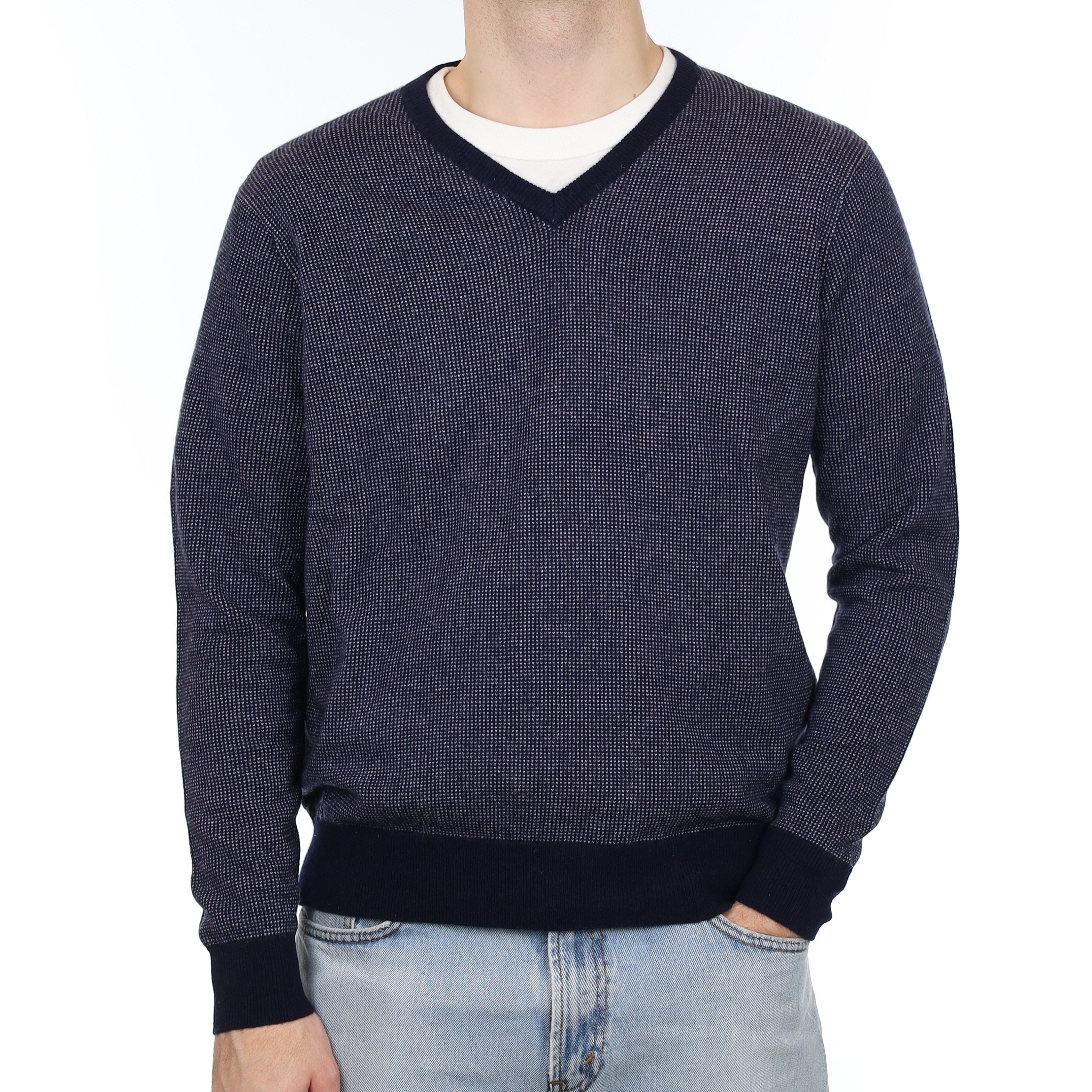Men's Navy and Grey Fleck Cashmere V Neck Jumper Large