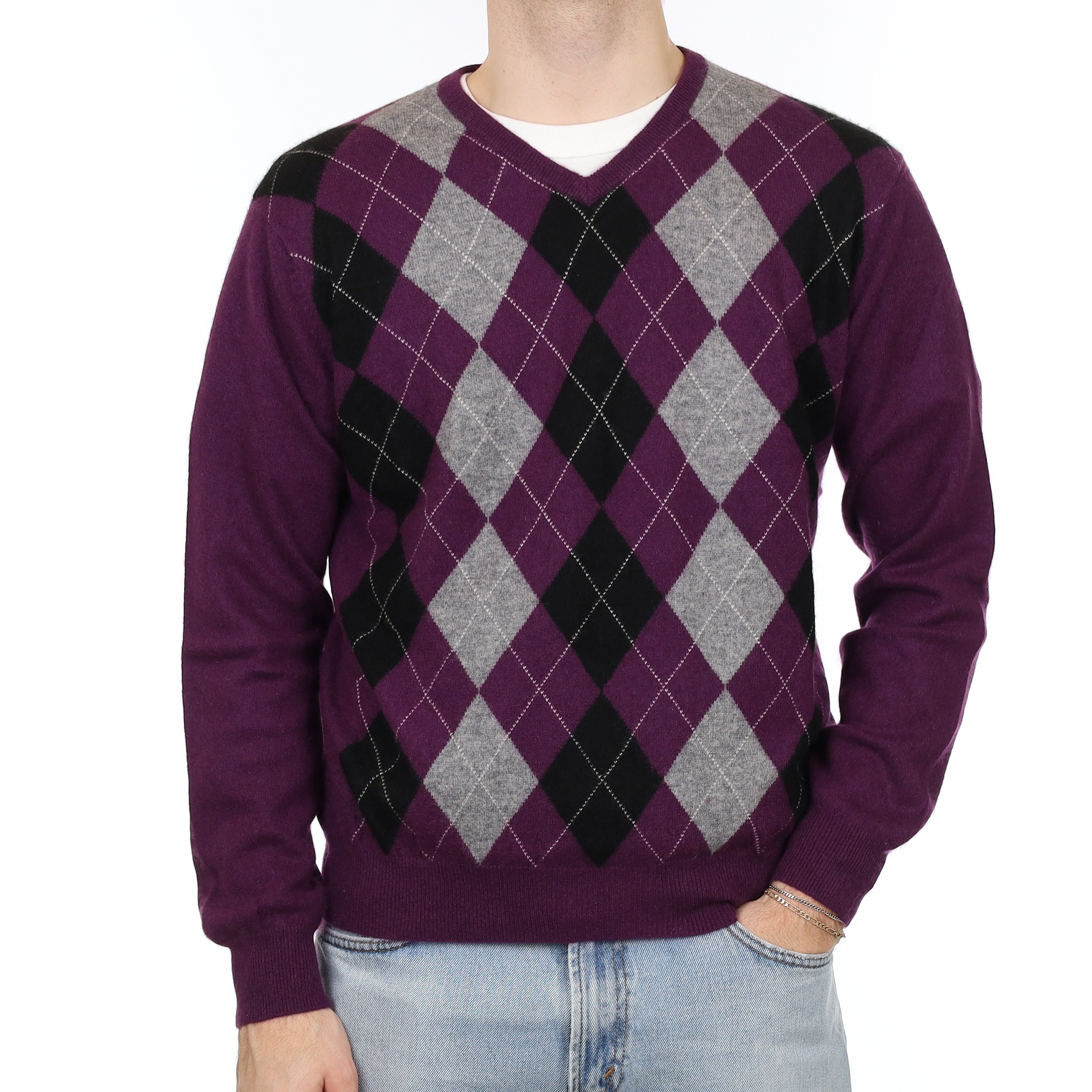 Men's Yorn Plum and Grey Diamond Cashmere V Neck Jumper Large