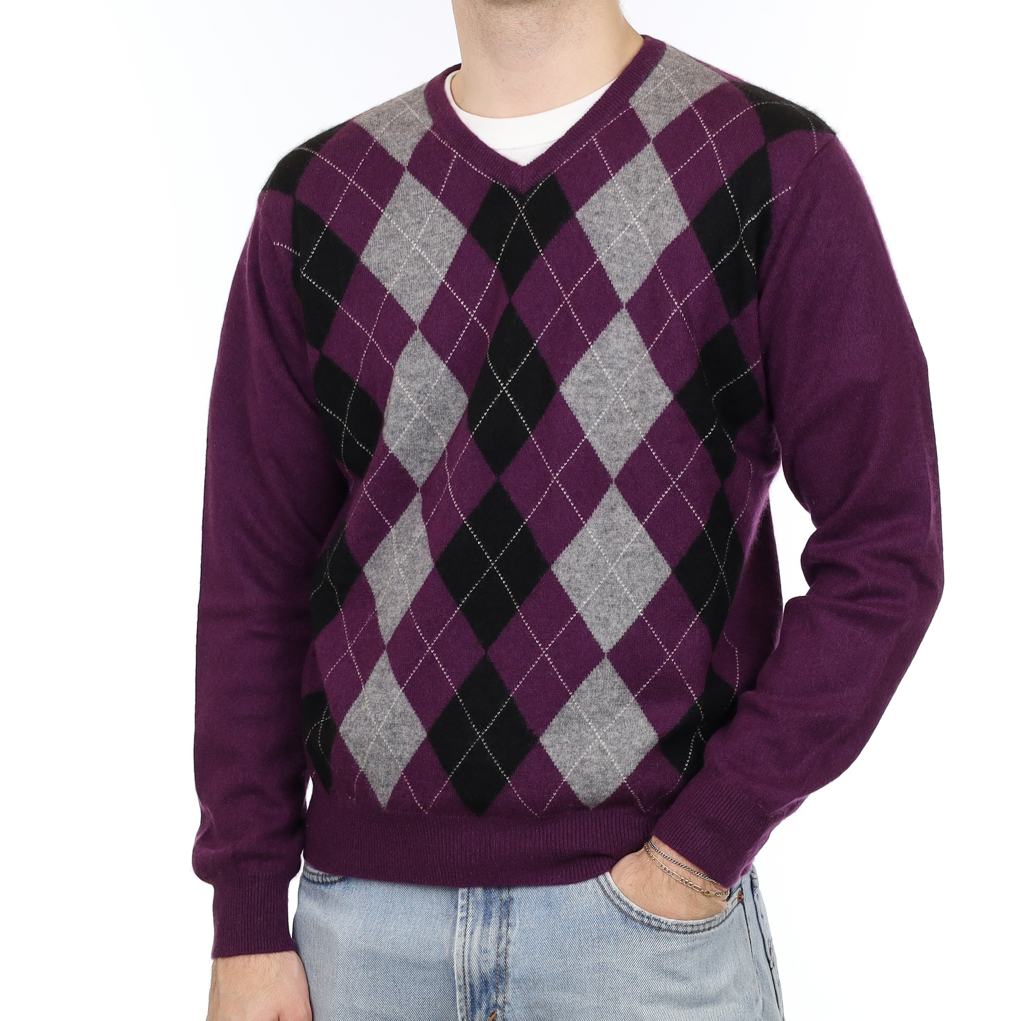 Men's Yorn Plum and Grey Diamond Cashmere V Neck Jumper Large