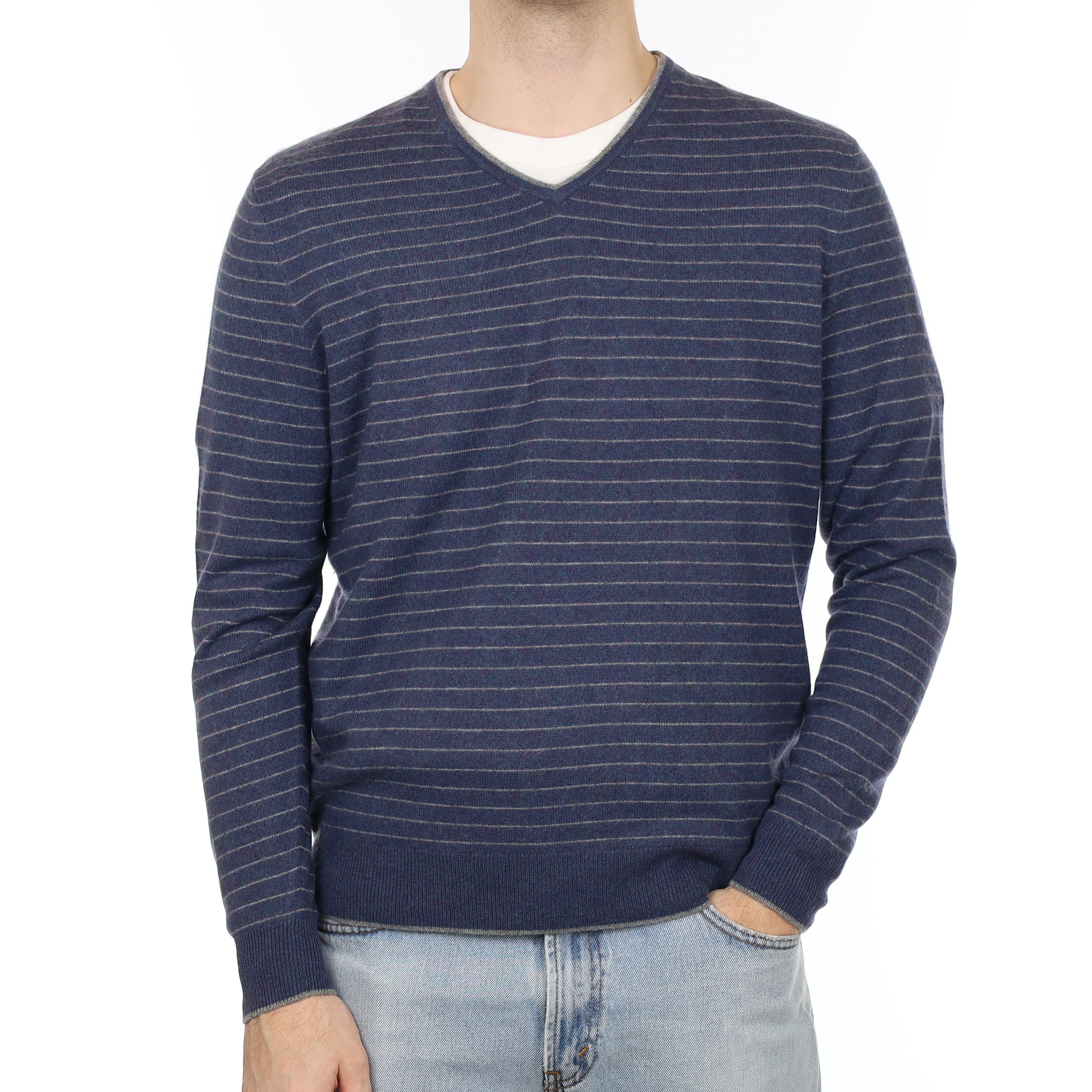 Men's Petrol Blue and Grey Stripe Cashmere V Neck Jumper Large