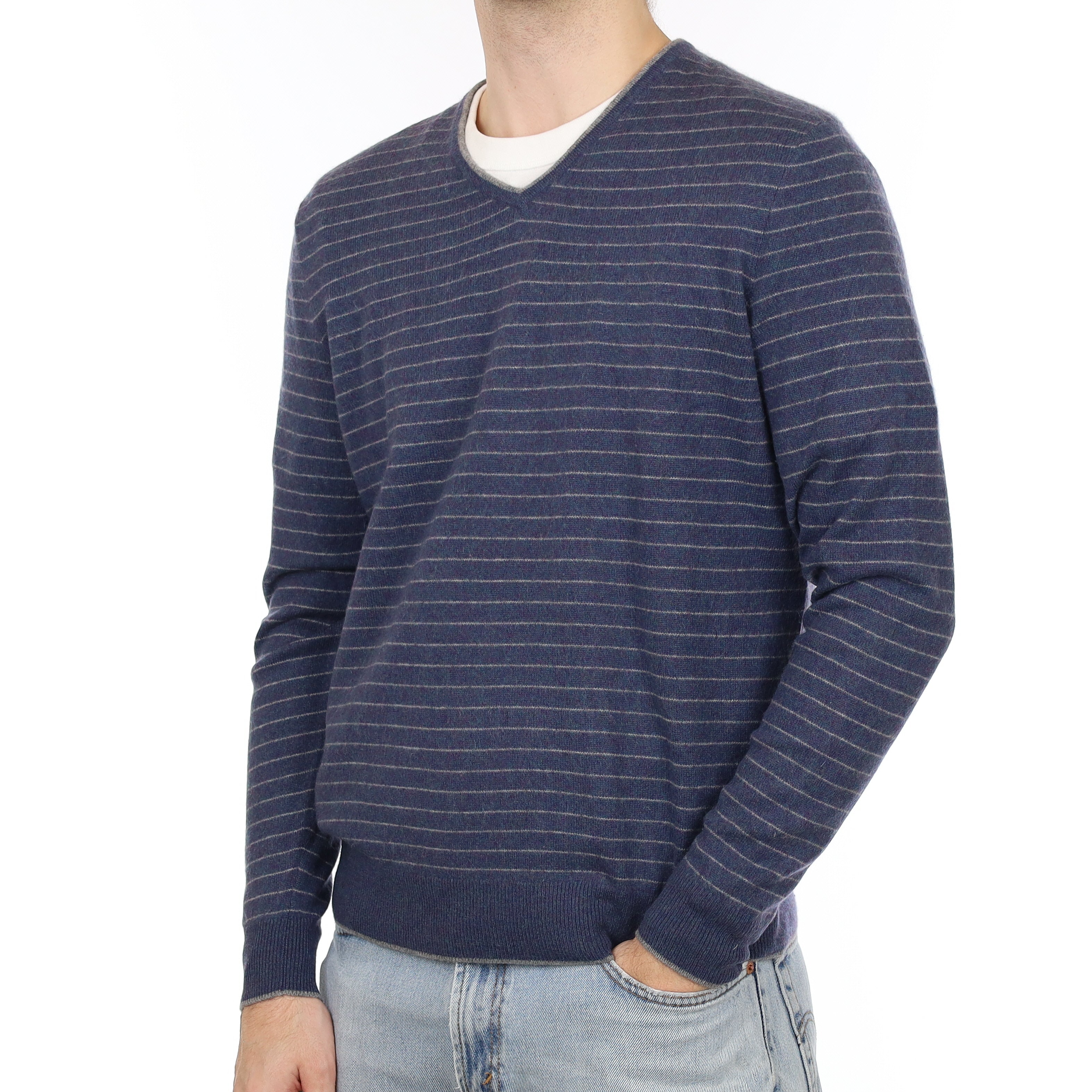 Men's Petrol Blue and Grey Stripe Cashmere V Neck Jumper Large