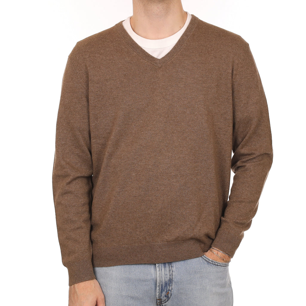Men's Latte Brown Cashmere V Neck Jumper Large