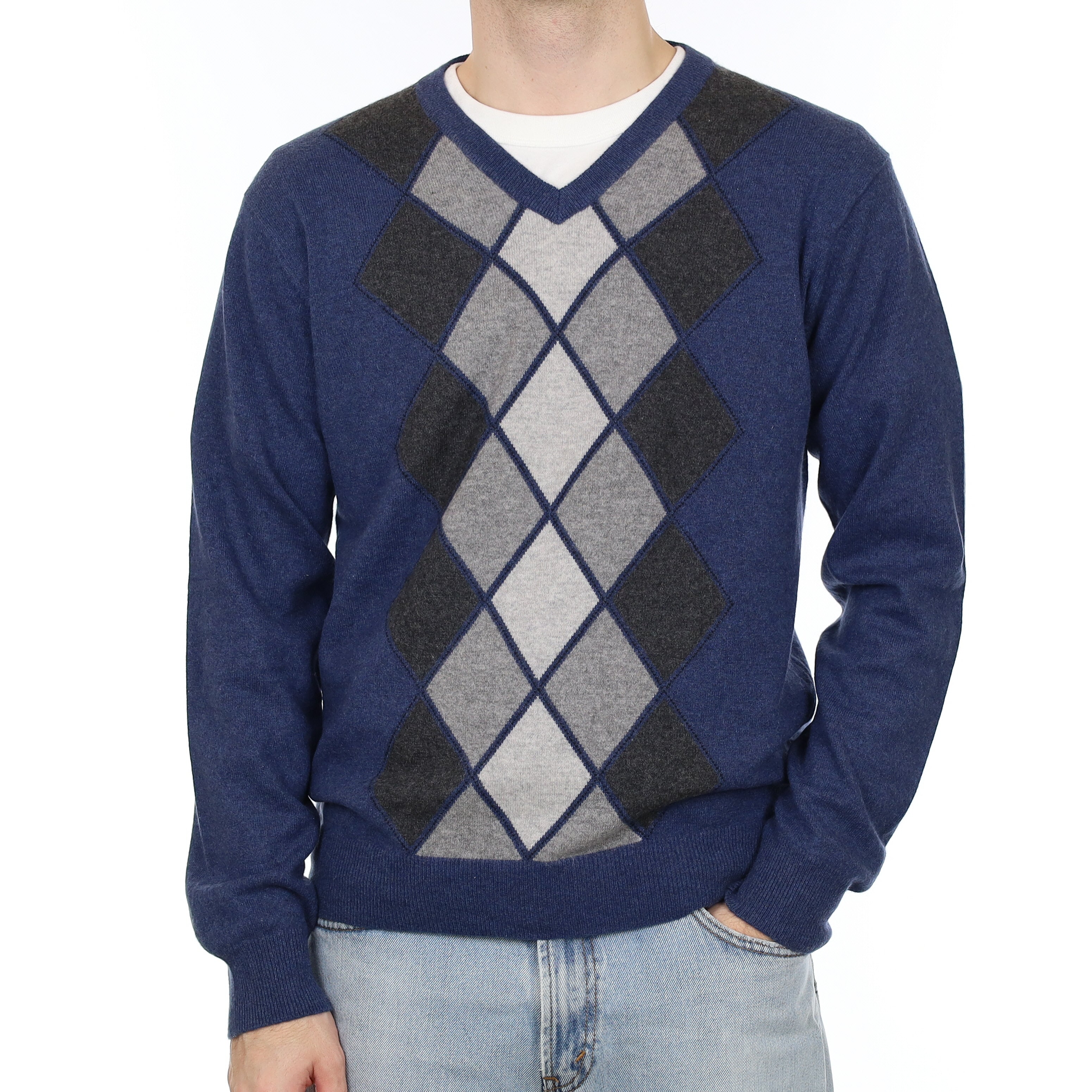 Men's Naval Blue And Grey Diamond Cashmere V Neck Jumper Large