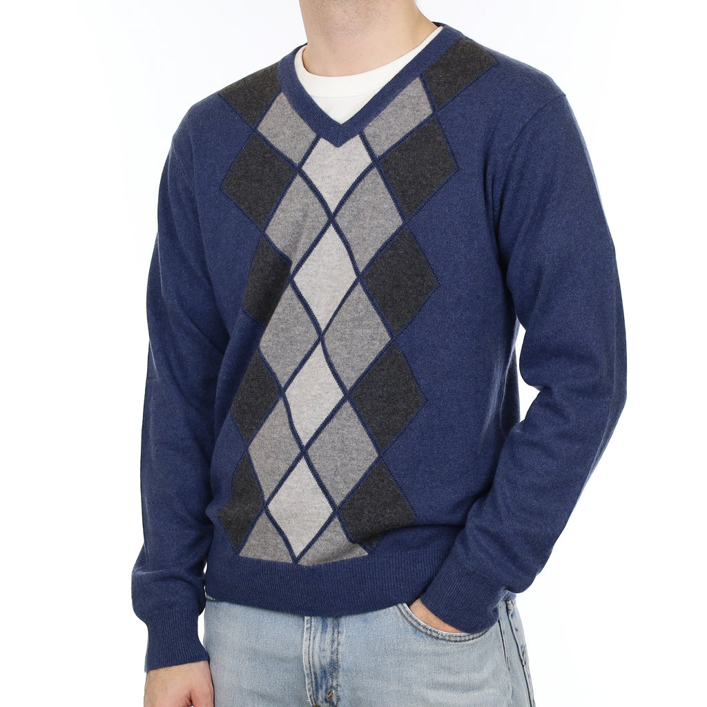Men's Naval Blue And Grey Diamond Cashmere V Neck Jumper Large