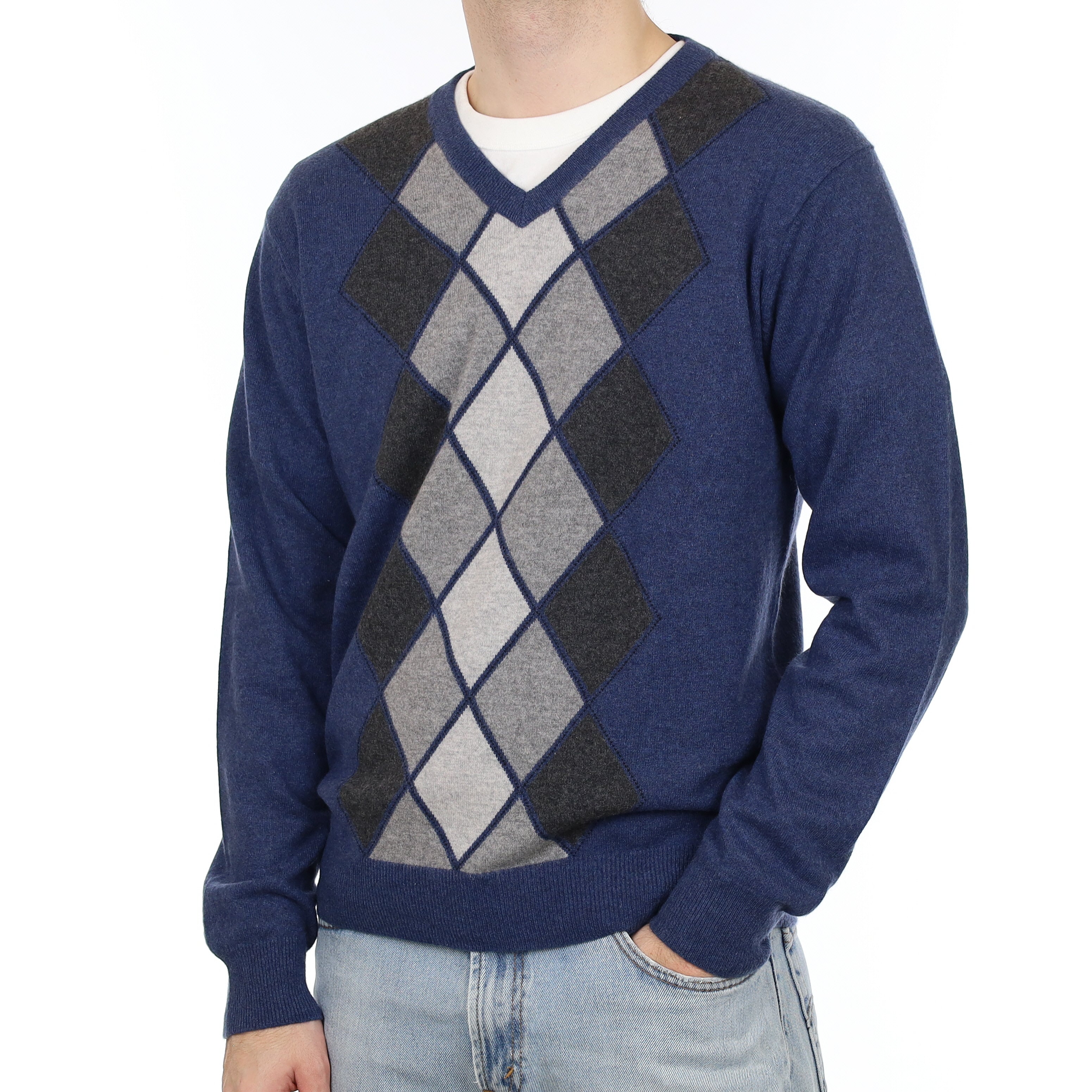 Men's Naval Blue And Grey Diamond Cashmere V Neck Jumper Large