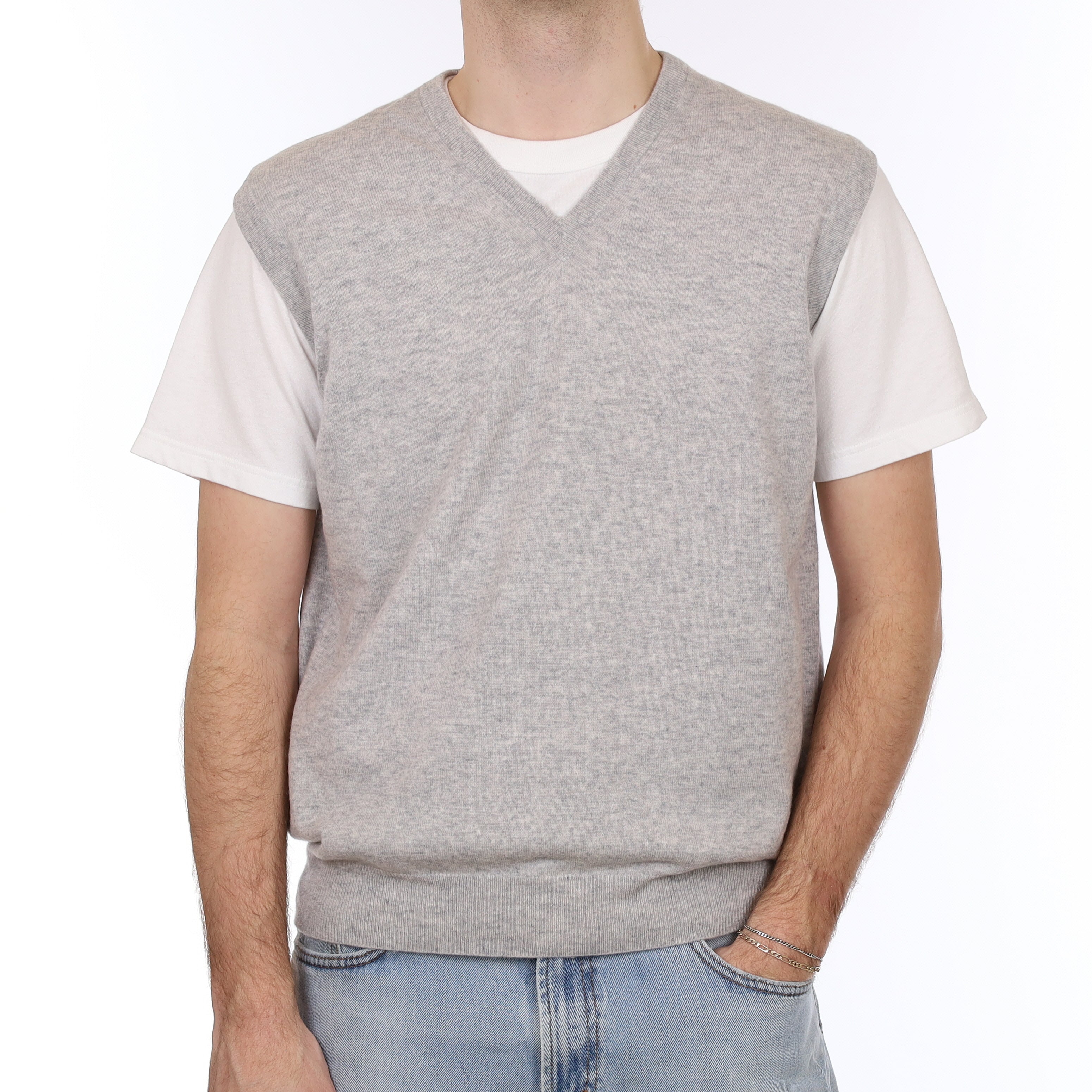 Men's N Peal Mist Grey Cashmere V Neck Tank Top Large