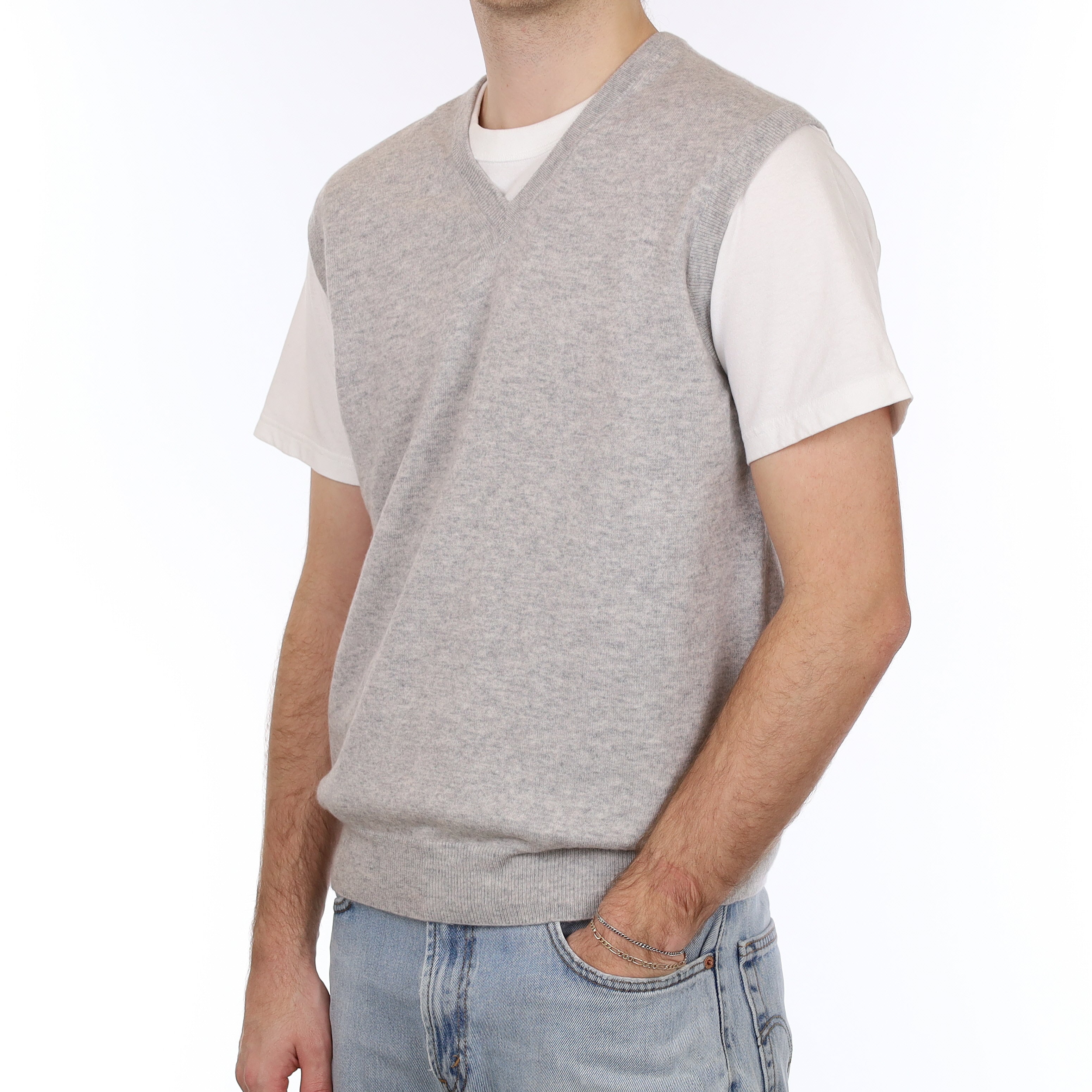 Men's N Peal Mist Grey Cashmere V Neck Tank Top Large