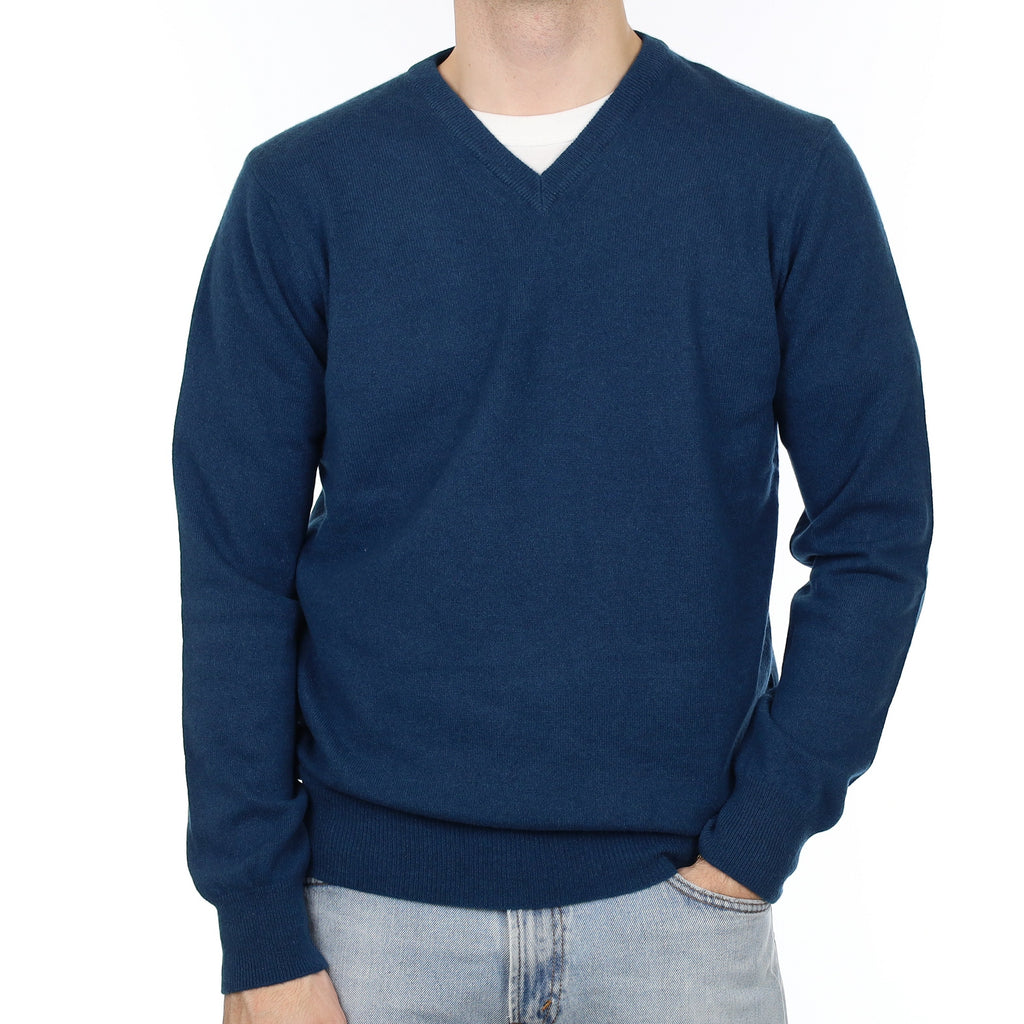 Men's Deep Teal Blue Cashmere V Neck Jumper Large