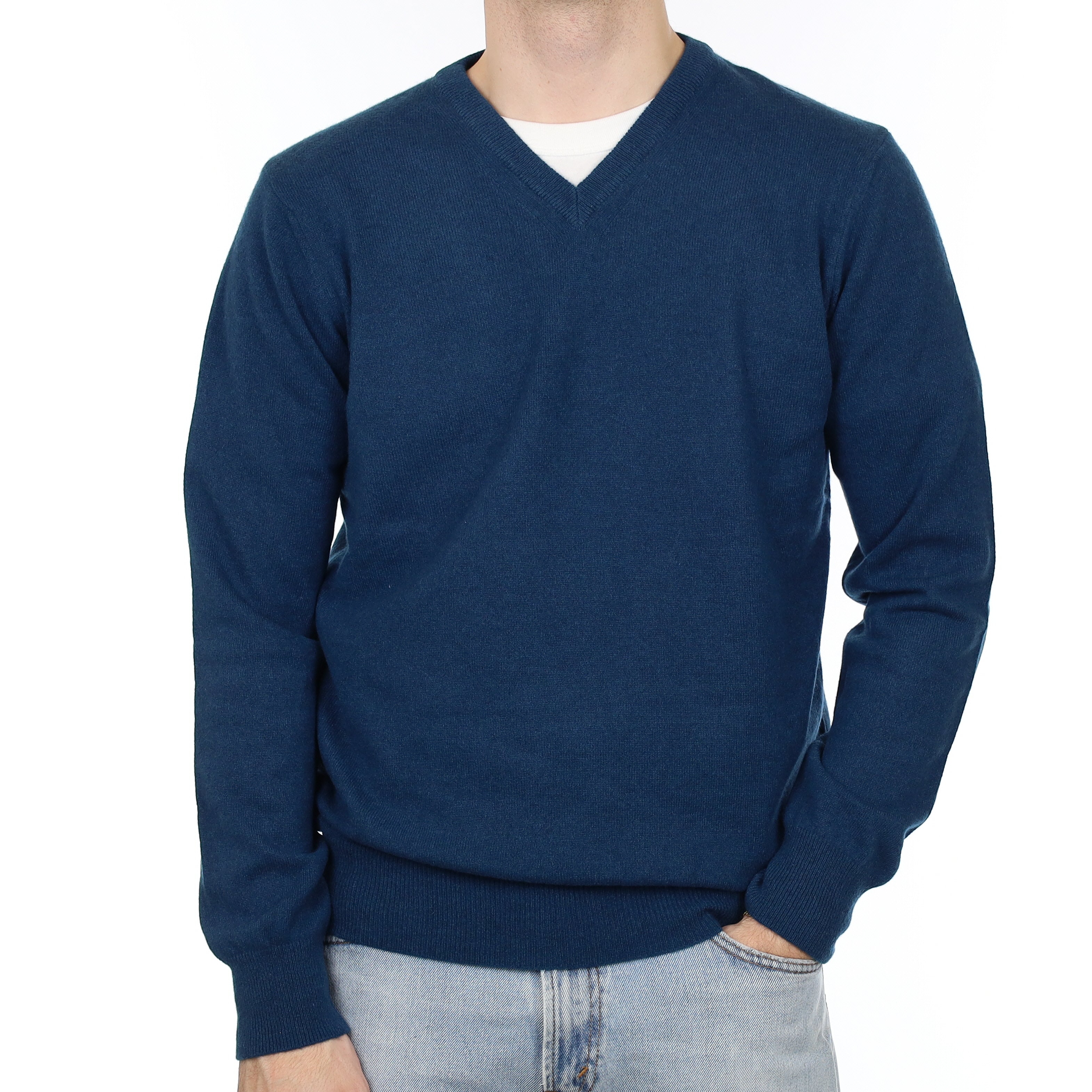 Men's Deep Teal Blue Cashmere V Neck Jumper Large