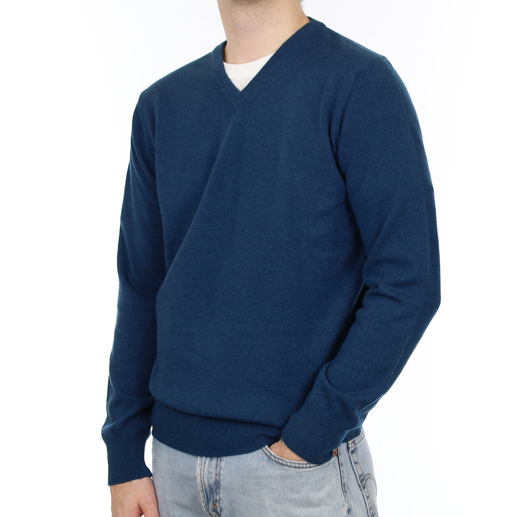 Men's Deep Teal Blue Cashmere V Neck Jumper Large