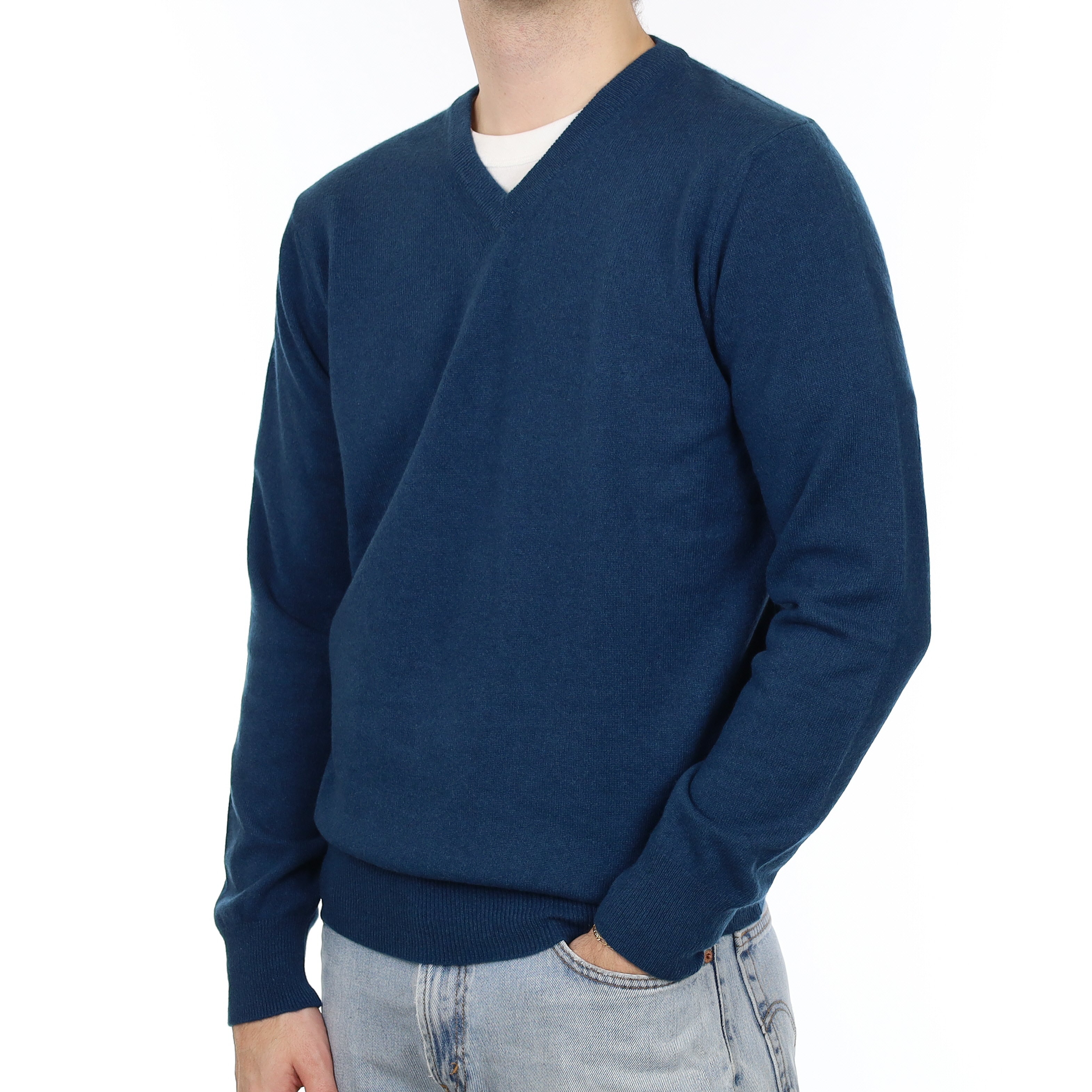 Men's Deep Teal Blue Cashmere V Neck Jumper Large