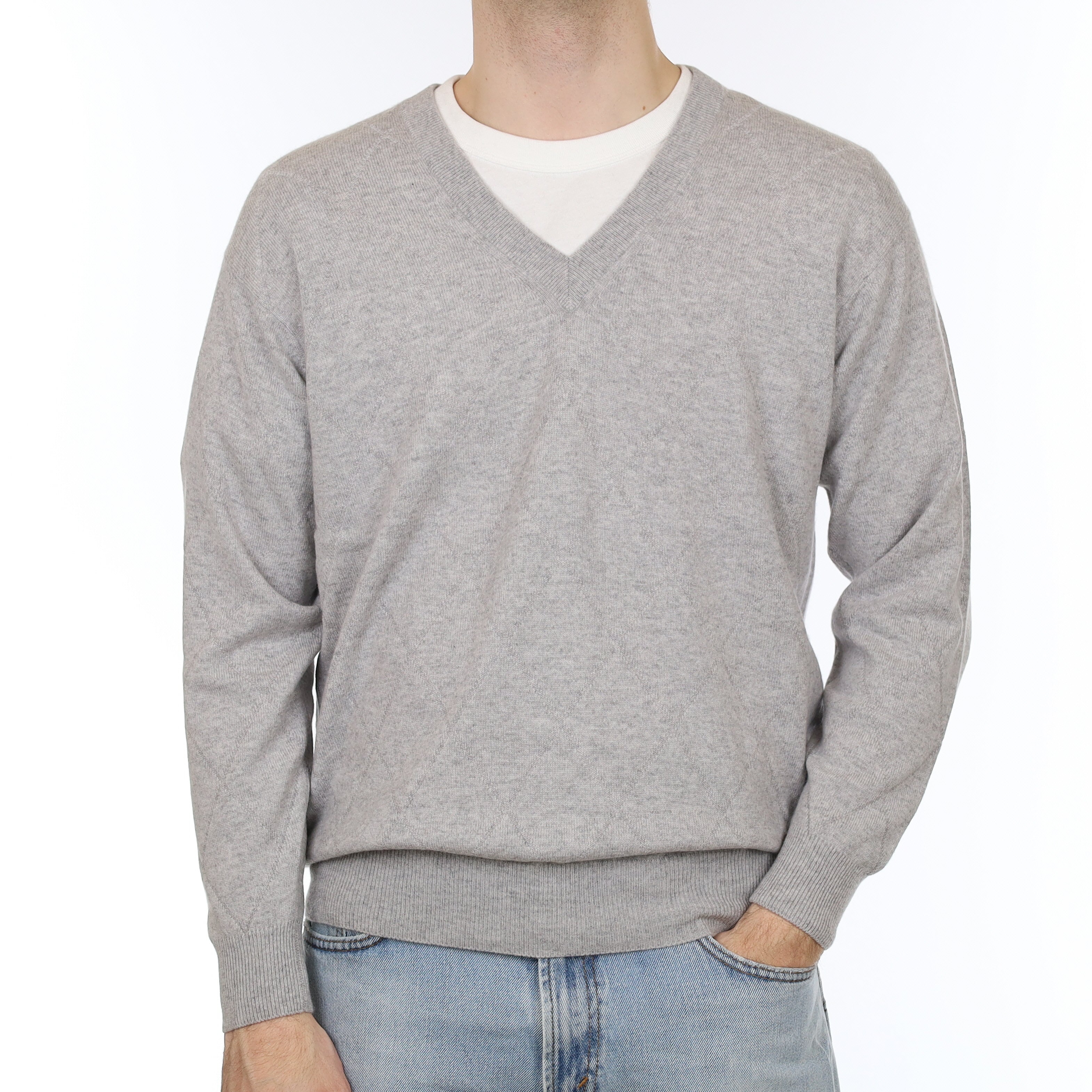 Men's Mist Grey Textured Cashmere V Neck Jumper Large
