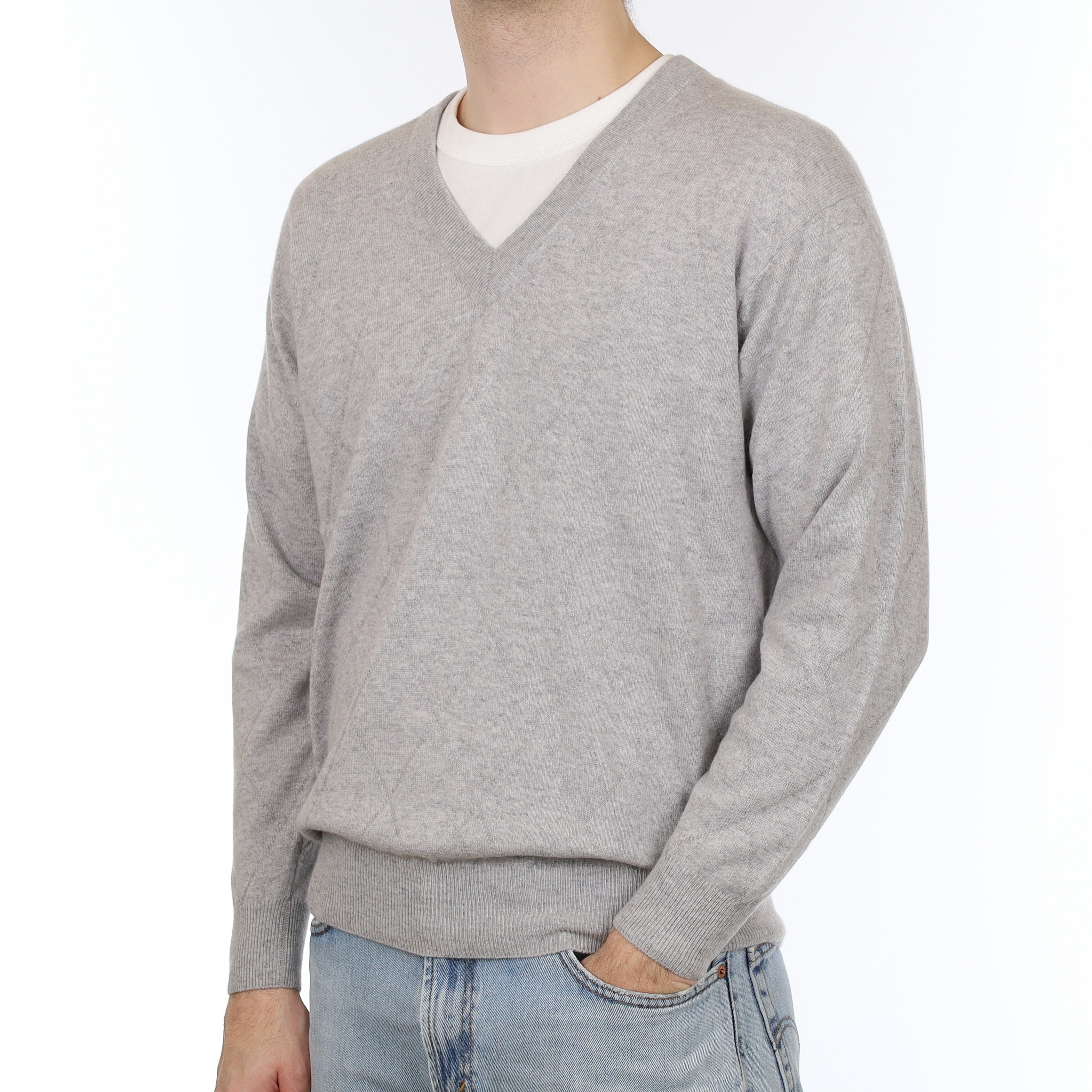 Men's Mist Grey Textured Cashmere V Neck Jumper Large