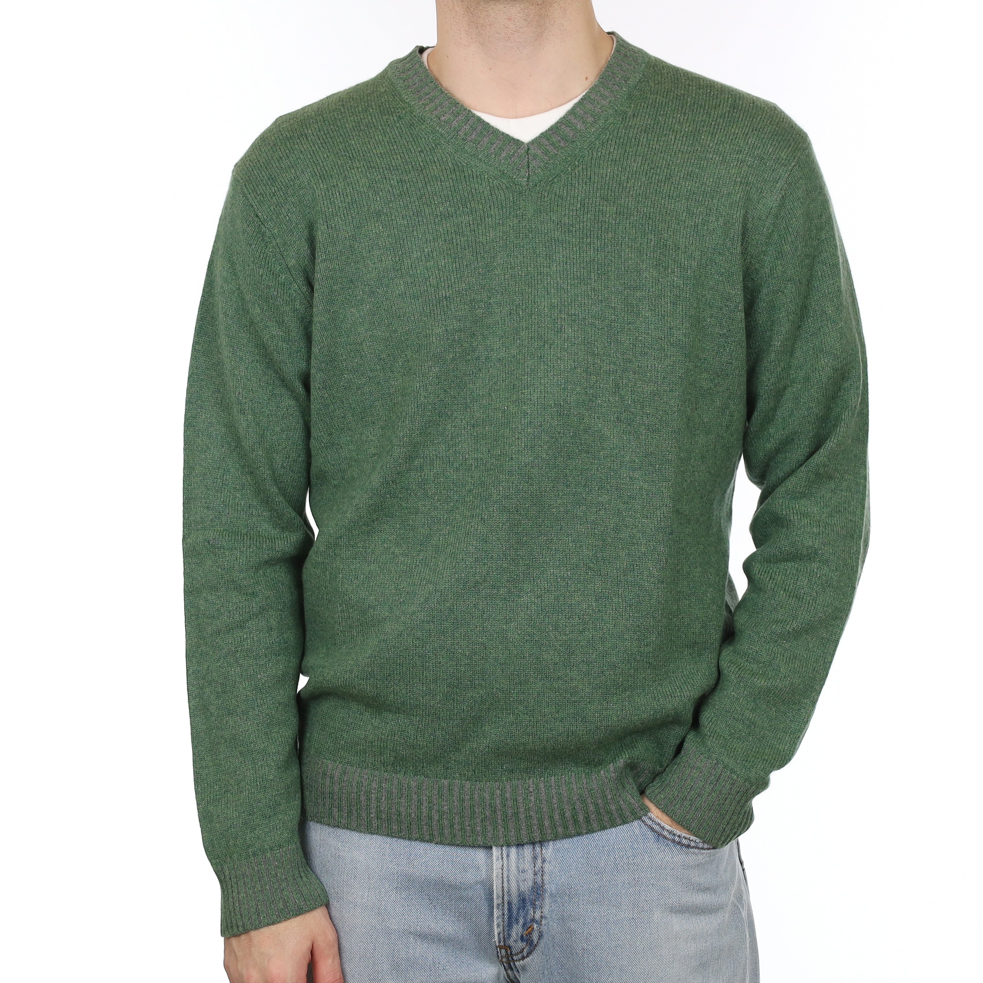 Men's Green and Grey Marl Heavy Knit Cashmere V Neck Jumper Large