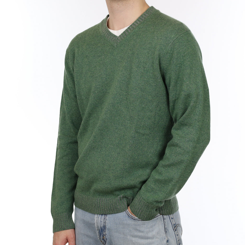 Men's Green and Grey Marl Heavy Knit Cashmere V Neck Jumper Large