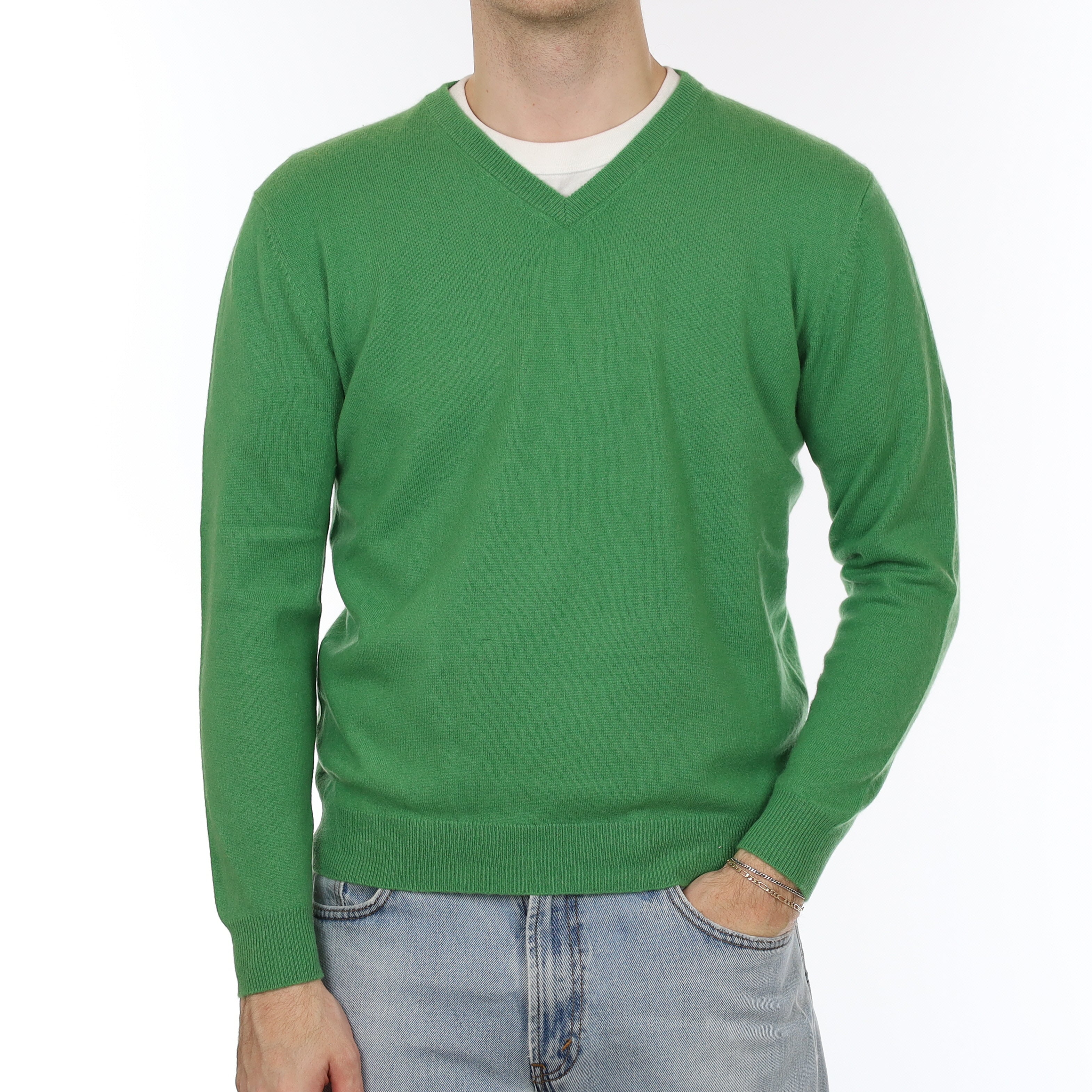 Men's Jade Green Cashmere V Neck Jumper Large