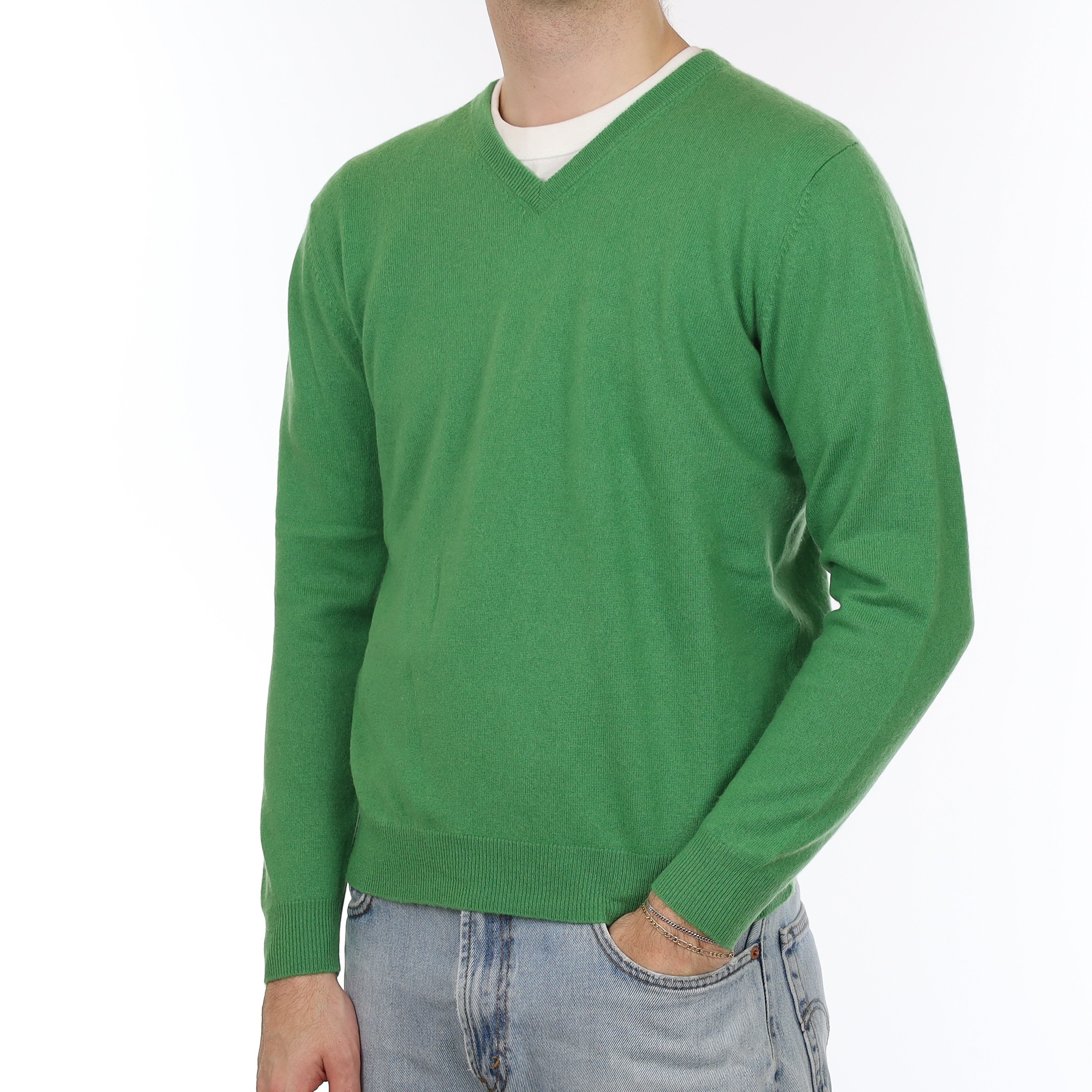Men's Jade Green Cashmere V Neck Jumper Large