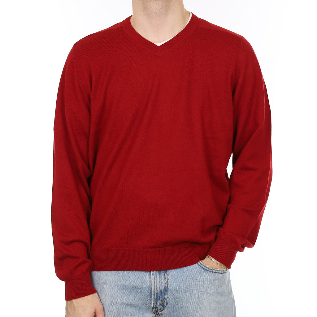 Men's Crimson Red Cashmere V Neck Jumper Large