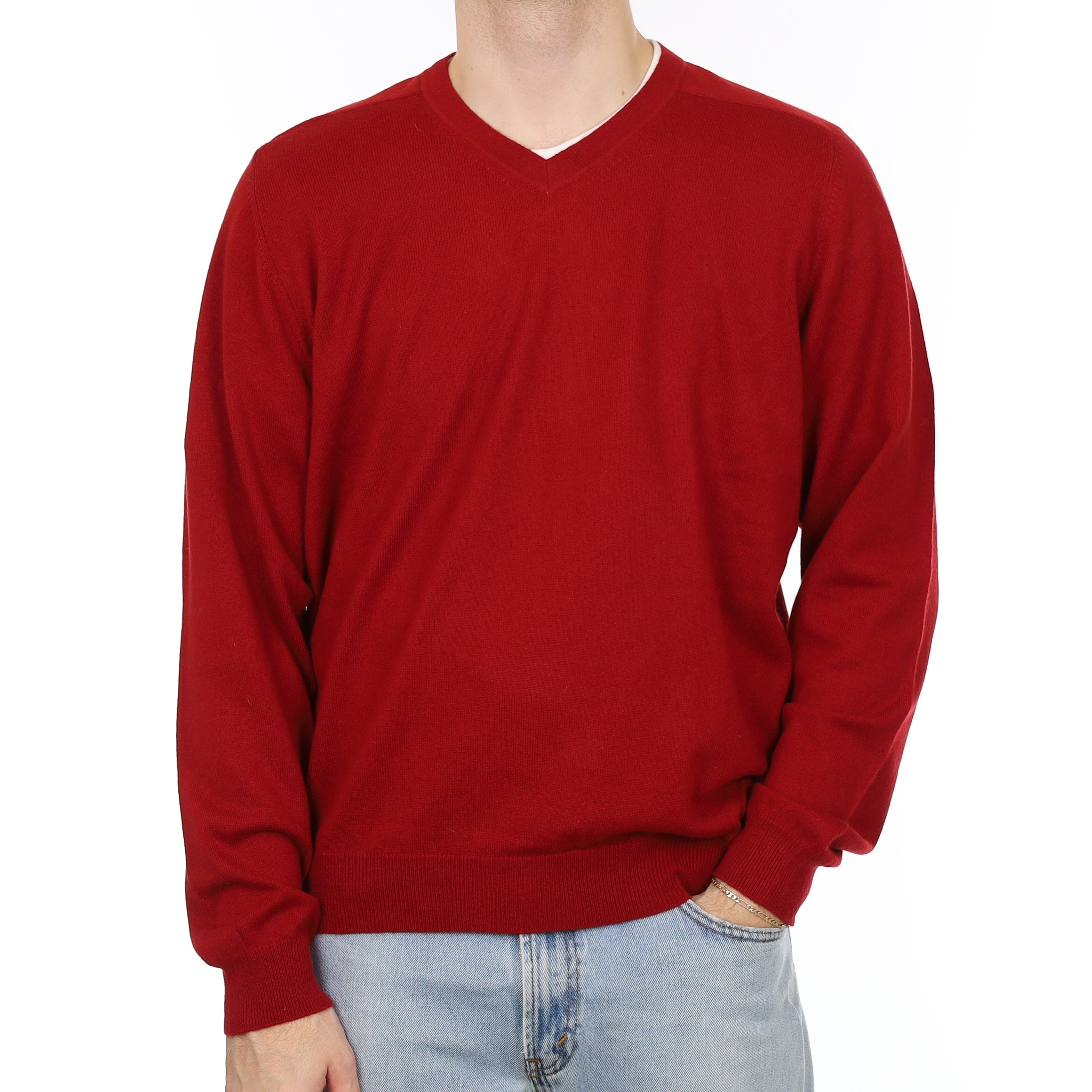 Men's Crimson Red Cashmere V Neck Jumper Large