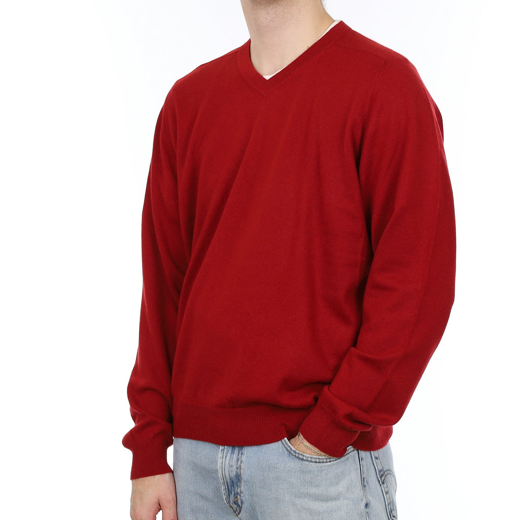 Men's Crimson Red Cashmere V Neck Jumper Large