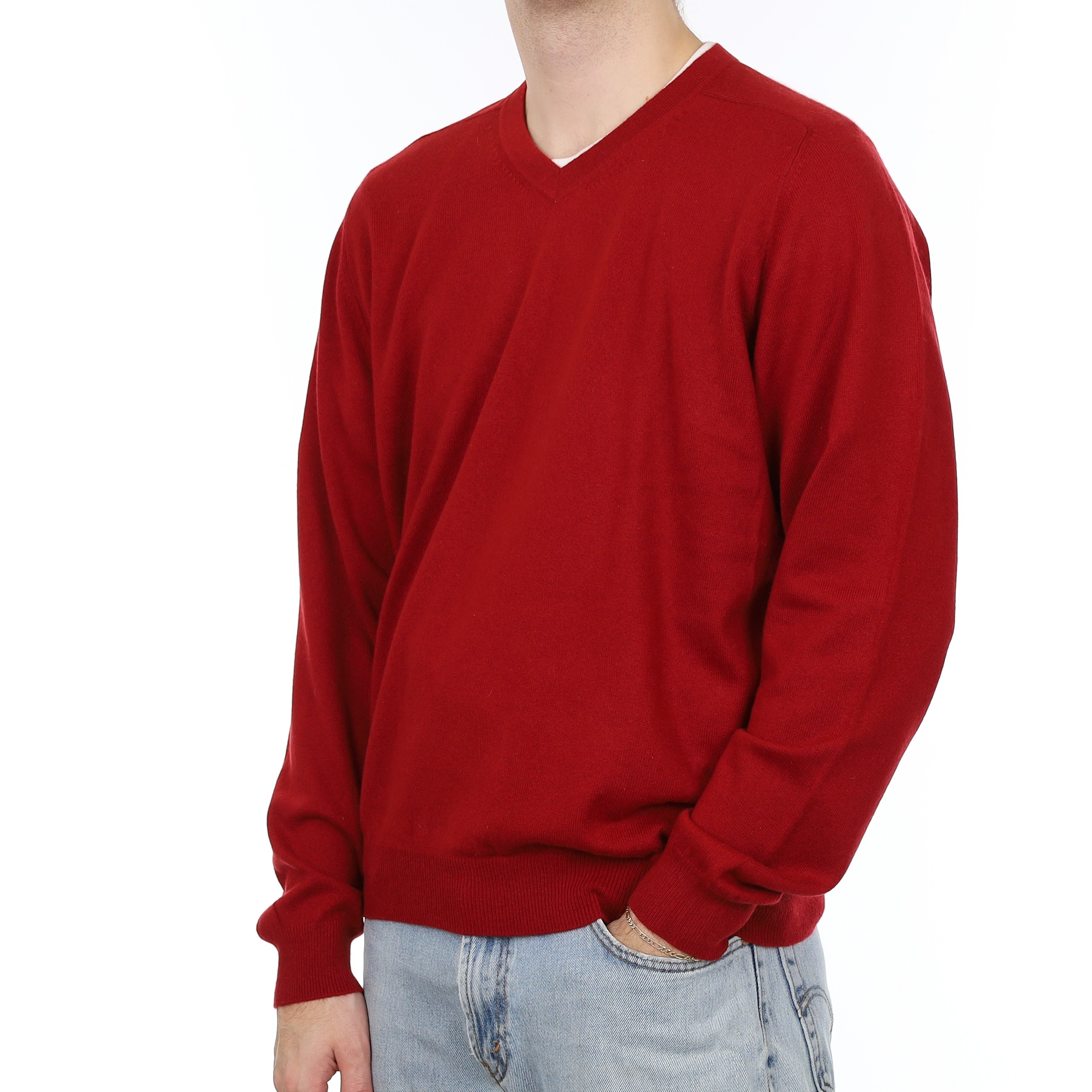 Men's Crimson Red Cashmere V Neck Jumper Large