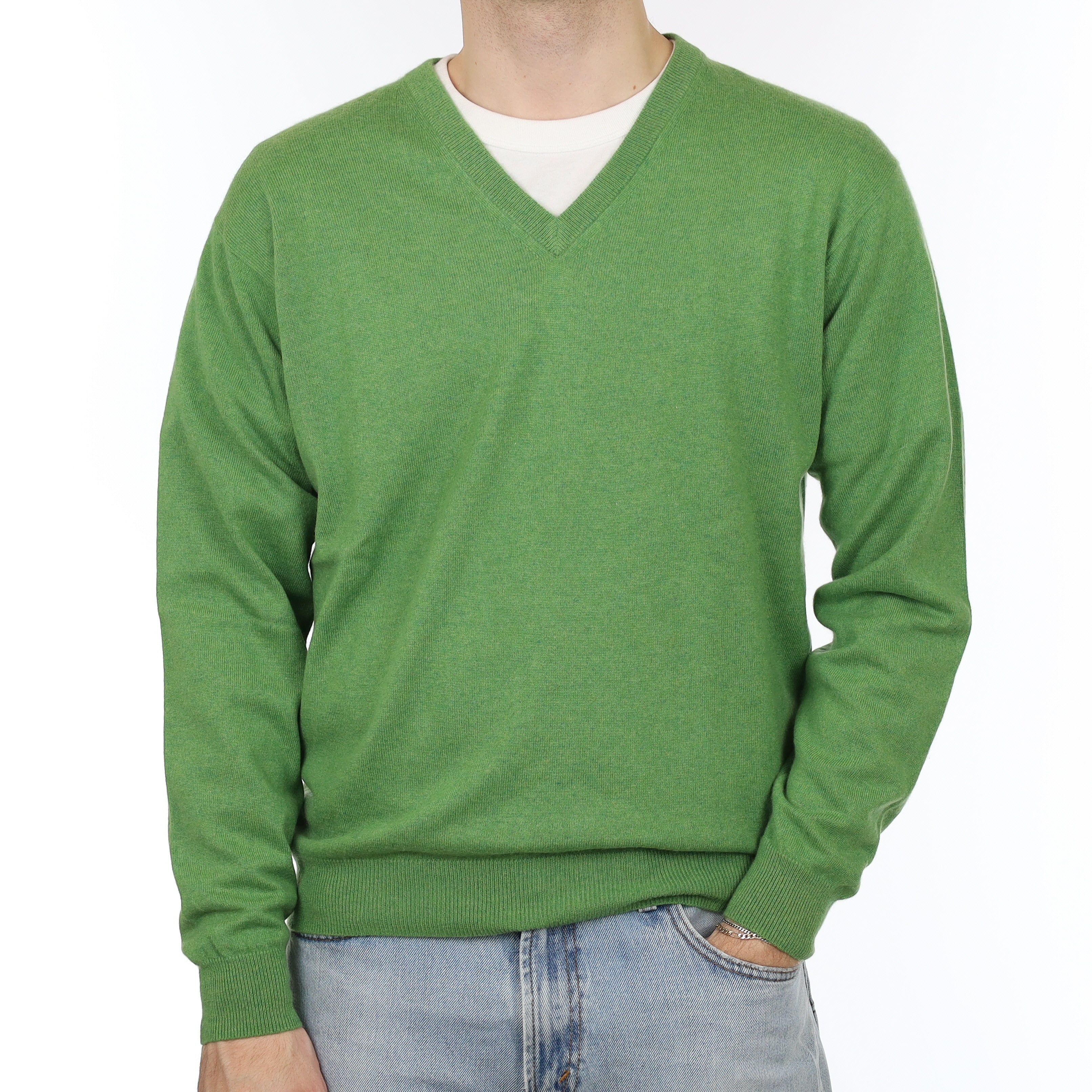 Men's Pear Green Cashmere V Neck Jumper Large