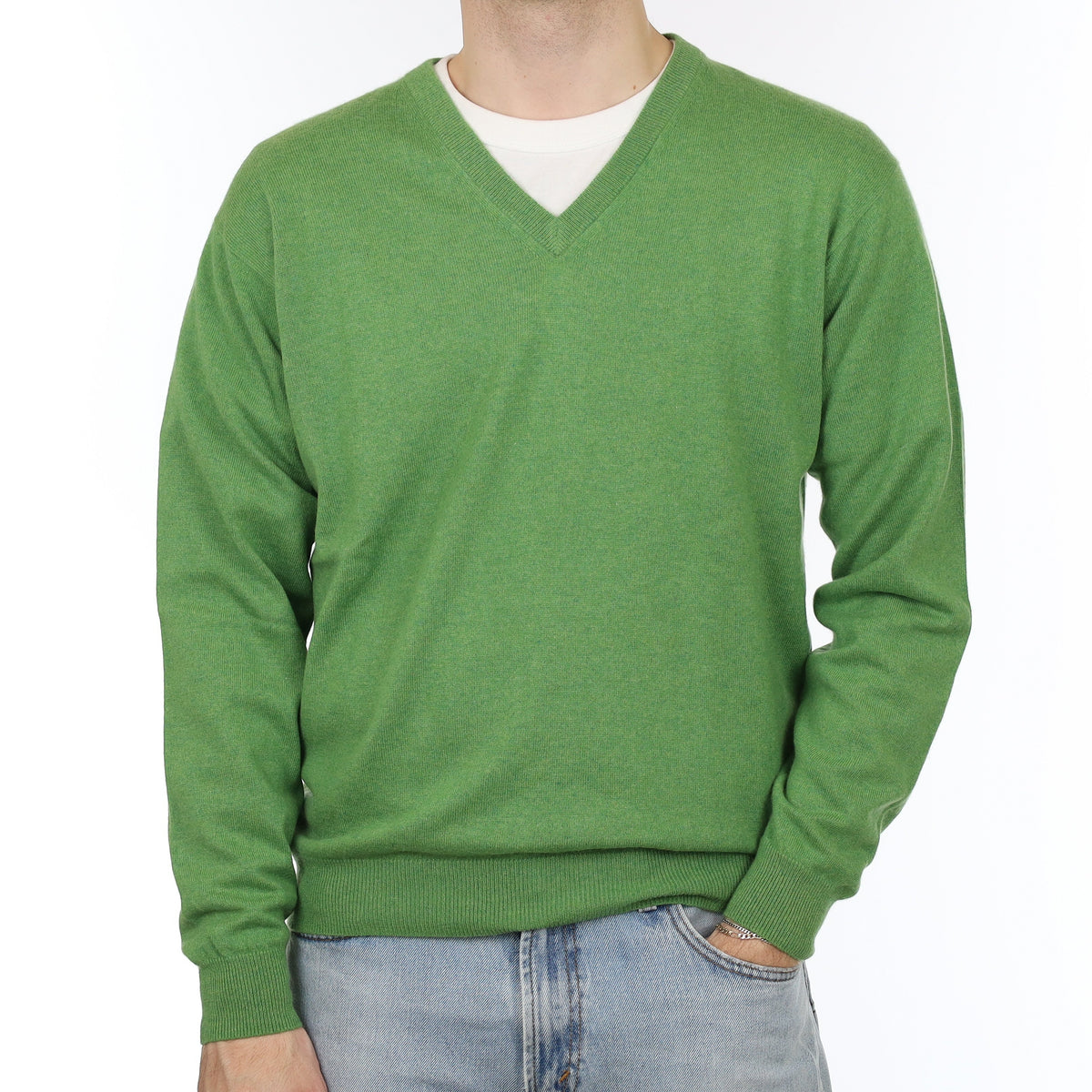 Men's Pear Green Cashmere V Neck Jumper Large
