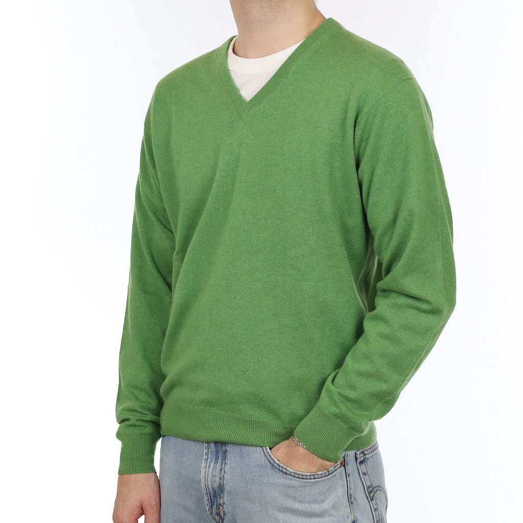 Men's Pear Green Cashmere V Neck Jumper Large