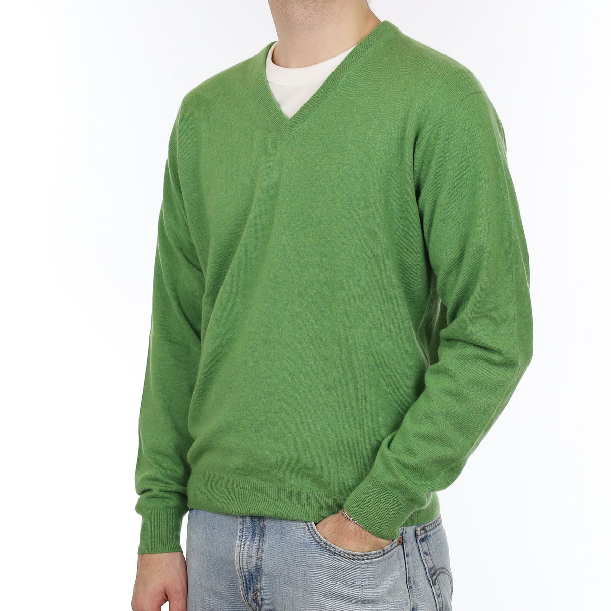 Men's Pear Green Cashmere V Neck Jumper Large