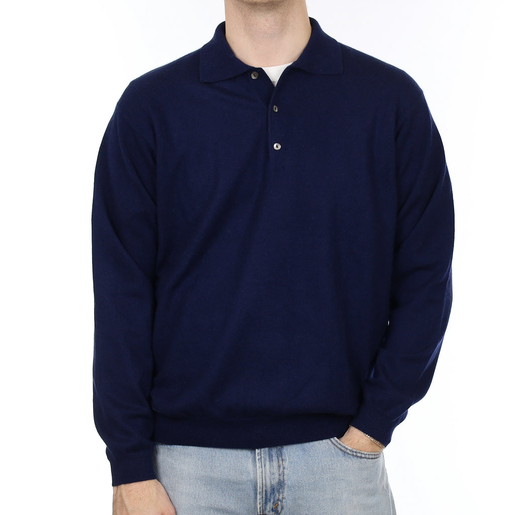 Men's Navy Cashmere Collared 1/4 Button Jumper Large