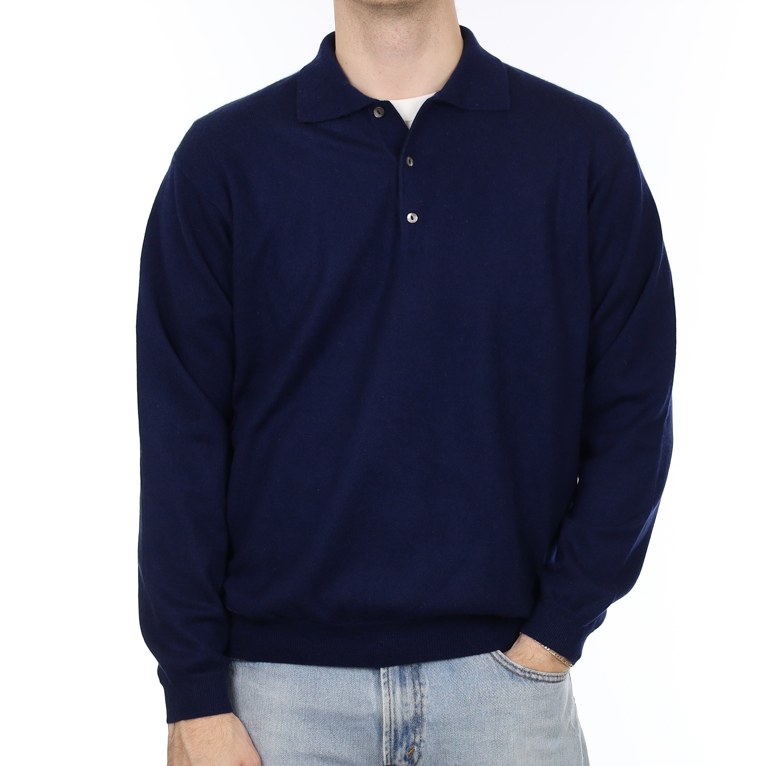 Men's Navy Cashmere Collared 1/4 Button Jumper Large