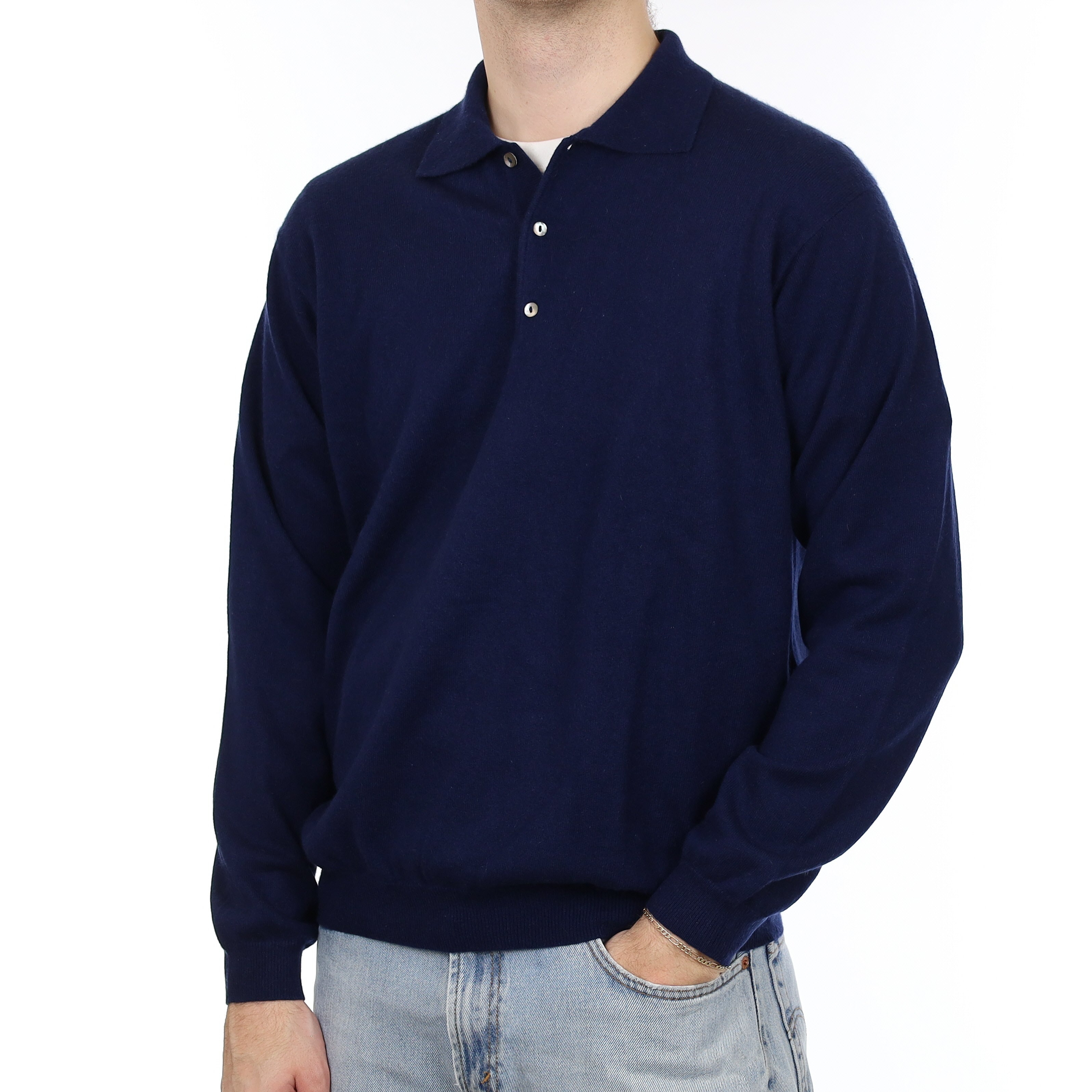 Men's Navy Cashmere Collared 1/4 Button Jumper Large