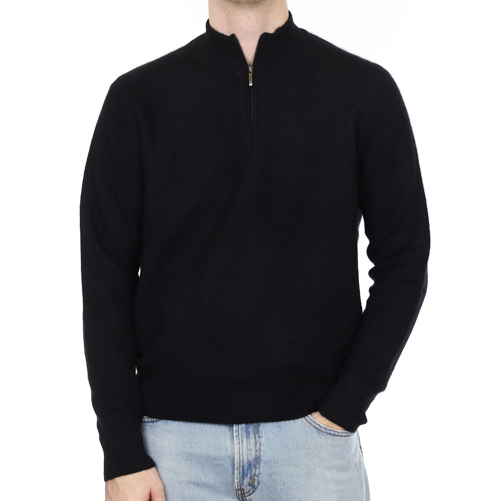 Men's Black Moss Knit Cashmere 1/4 Zip Jumper Large