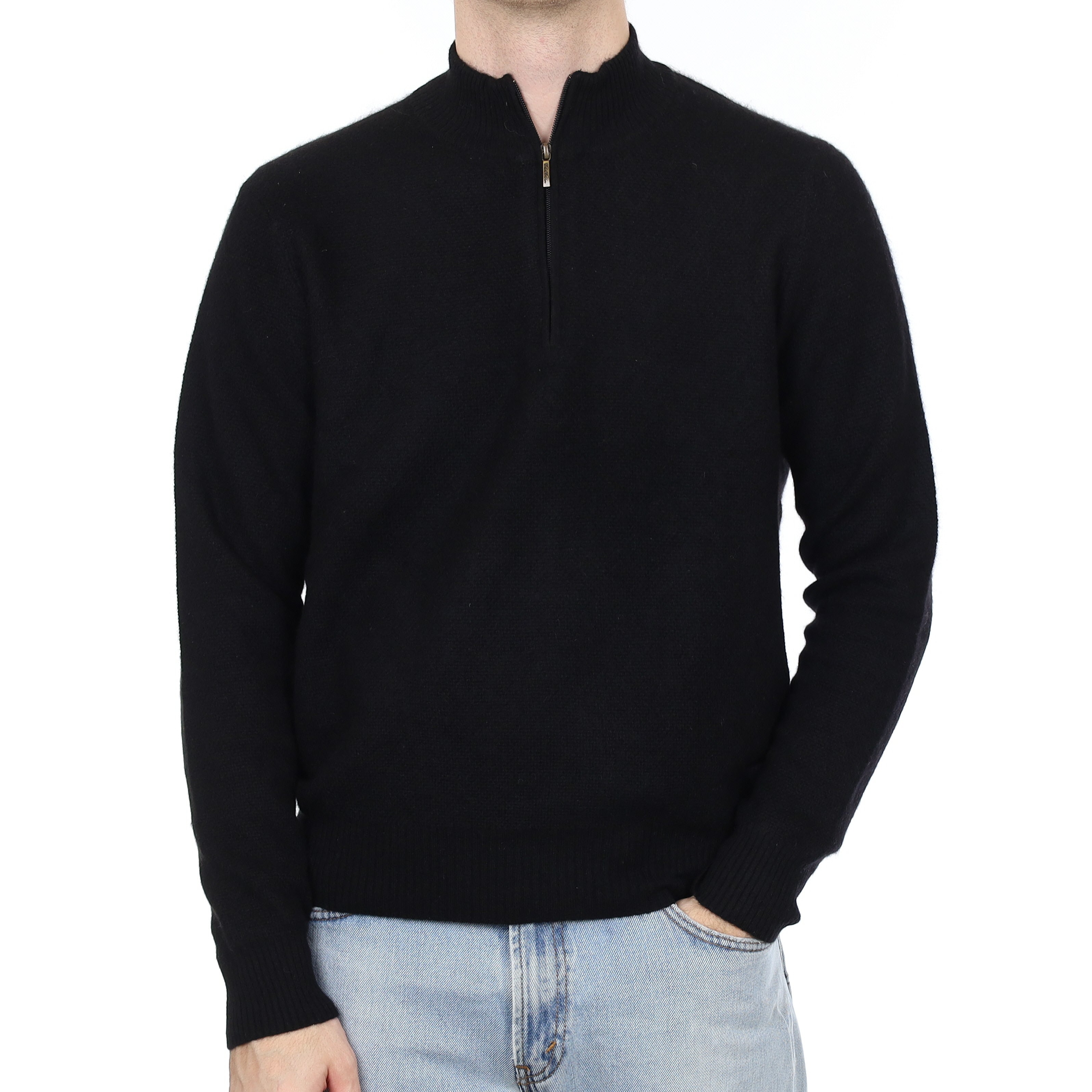 Men's Black Moss Knit Cashmere 1/4 Zip Jumper Large