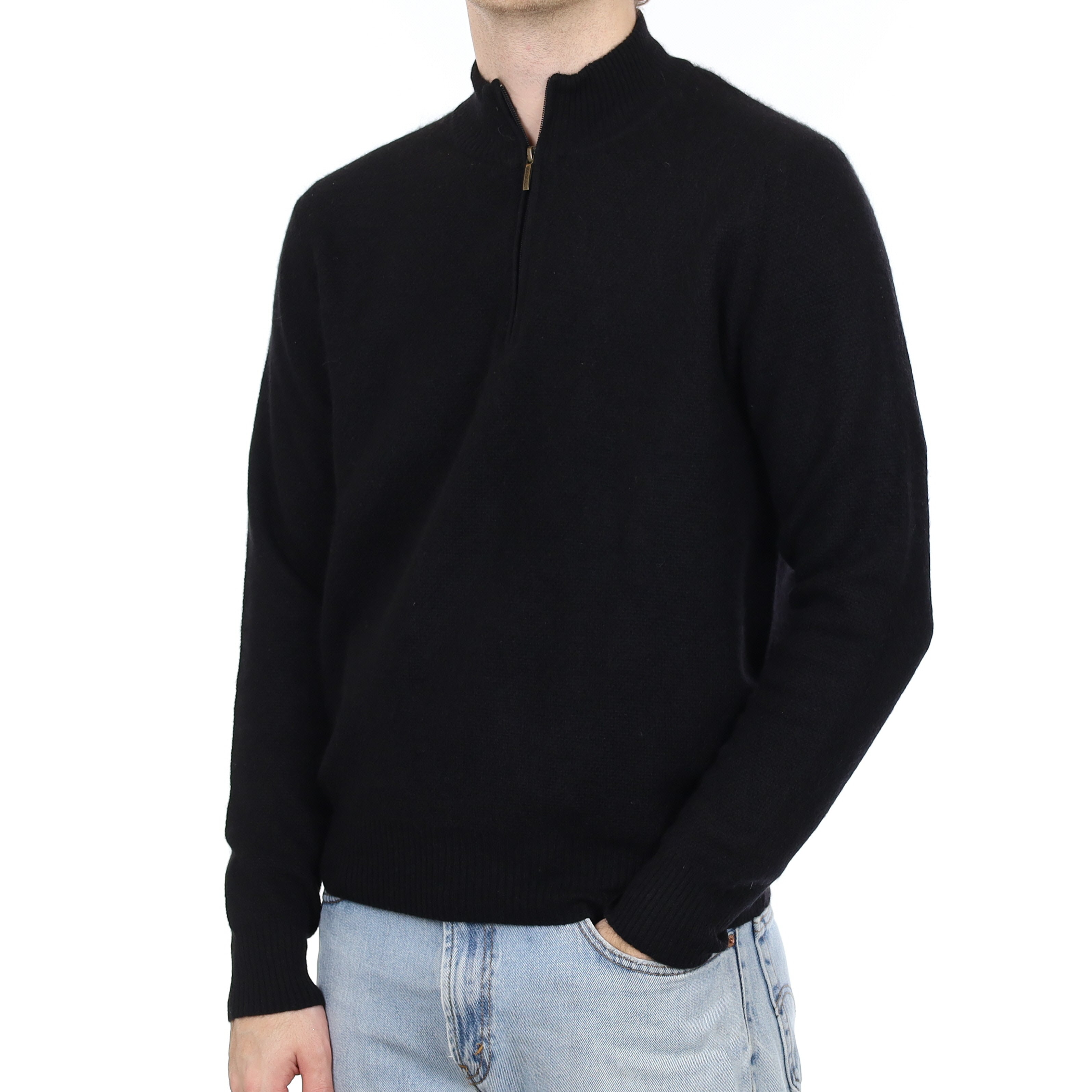 Men's Black Moss Knit Cashmere 1/4 Zip Jumper Large