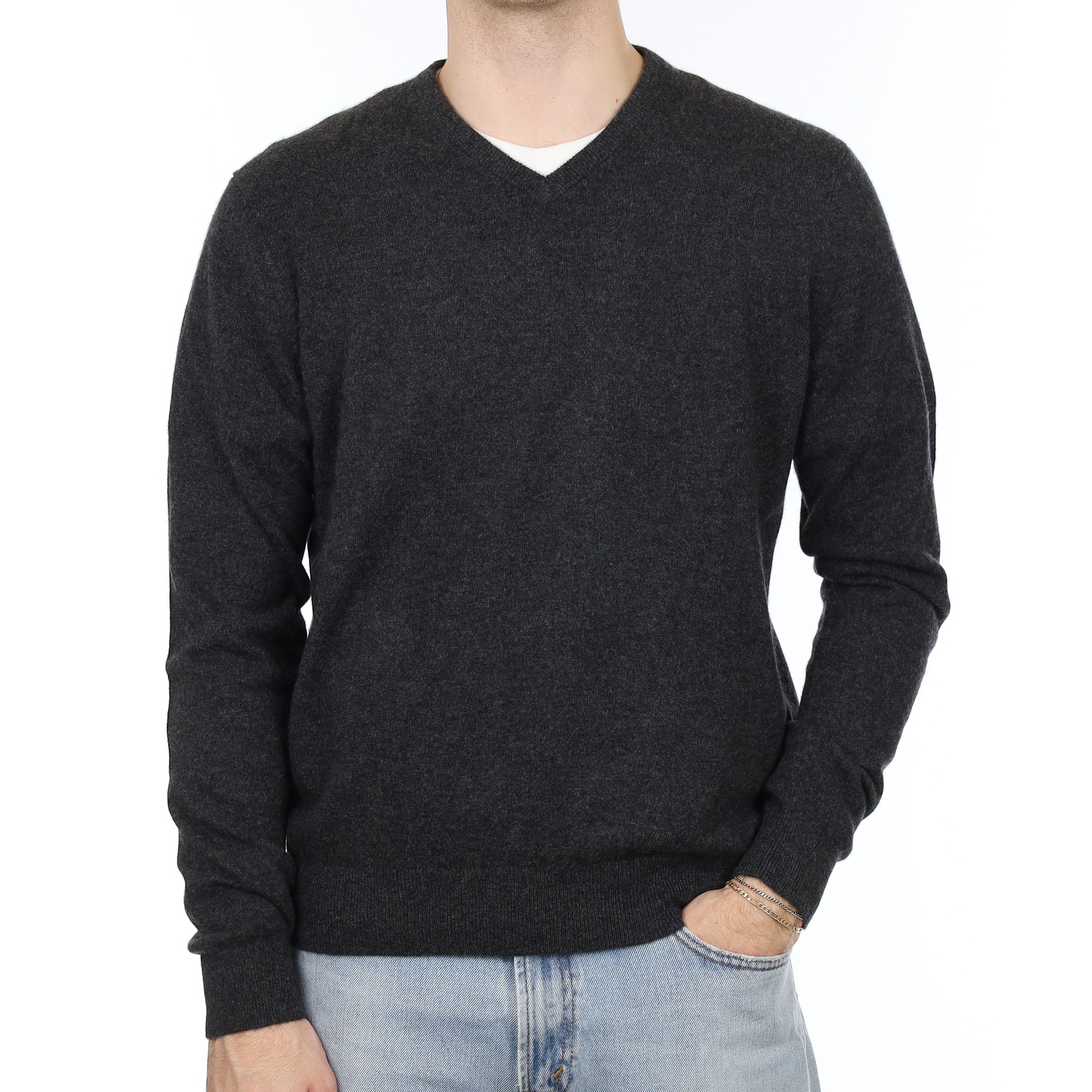 Men's Charcoal Grey Cashmere V Neck Jumper Large