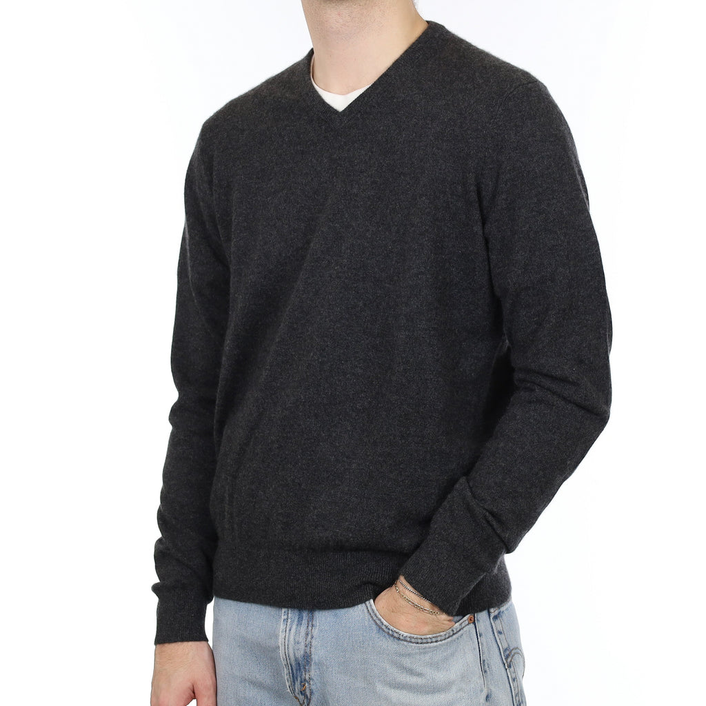 Men's Charcoal Grey Cashmere V Neck Jumper Large