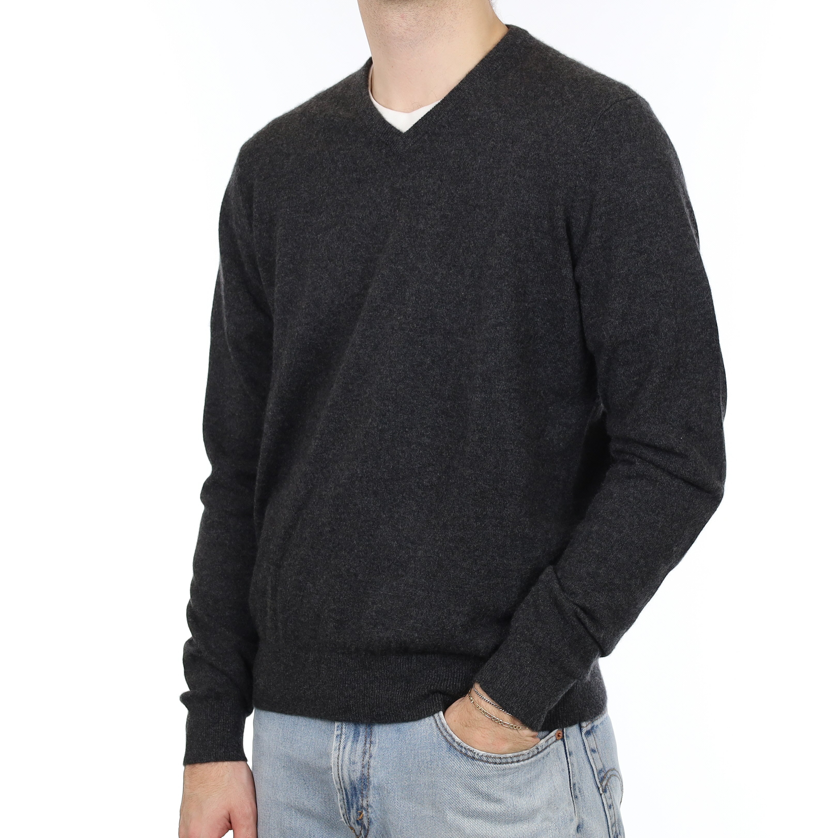 Men's Charcoal Grey Cashmere V Neck Jumper Large