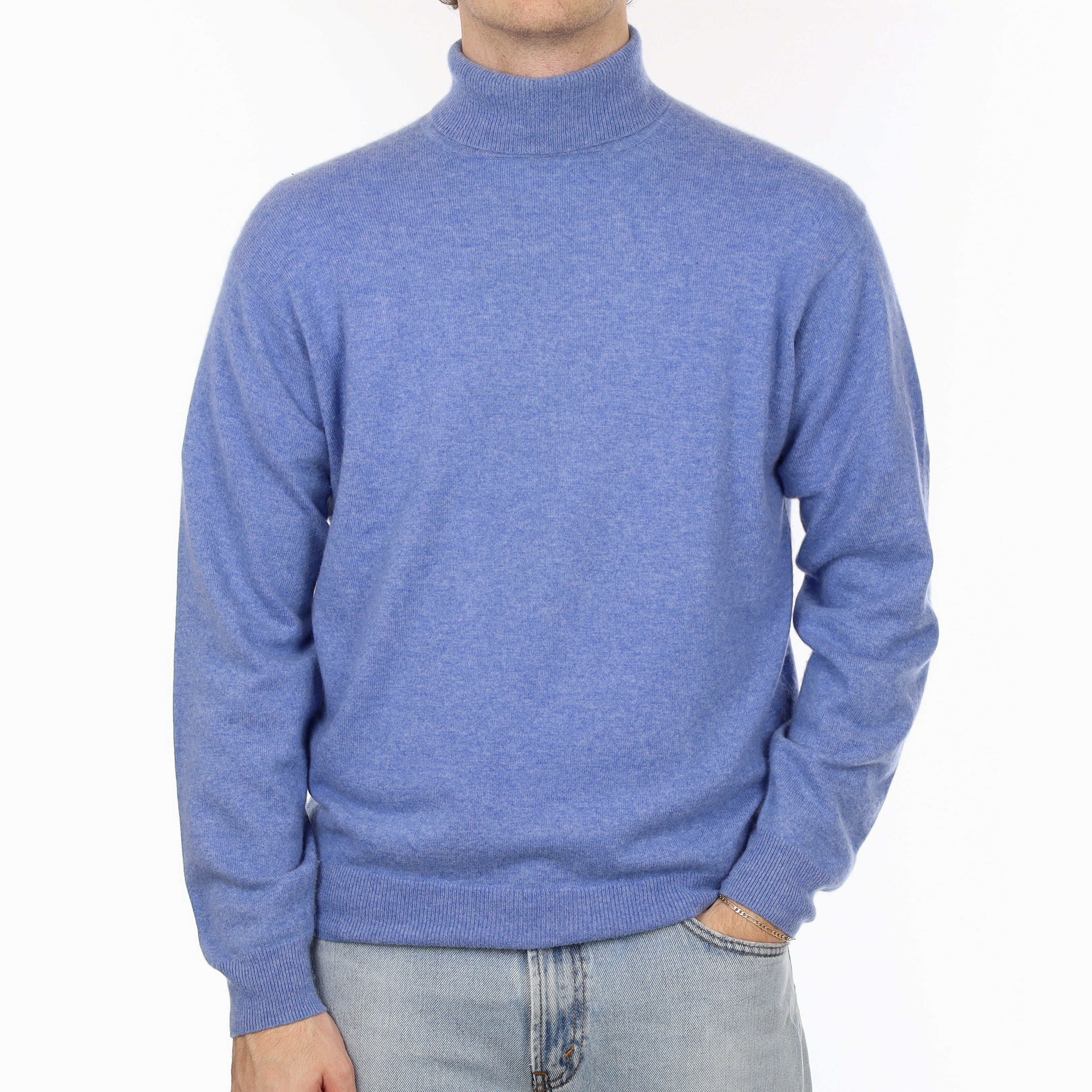 Men's Sky Blue Marl Cashmere Polo Neck Jumper Large