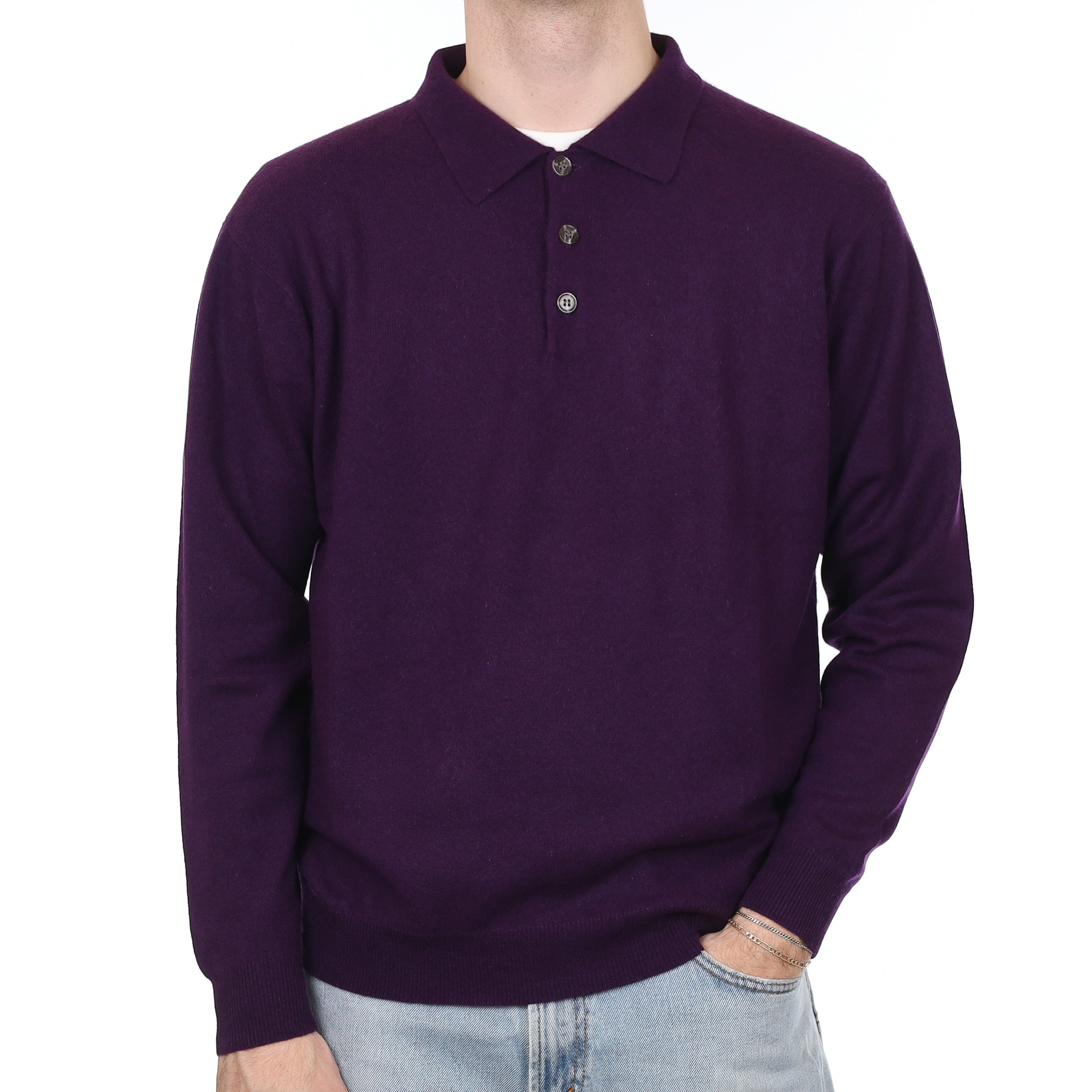 Men's Blueberry Purple Cashmere Collared 1/4 Button Jumper Large