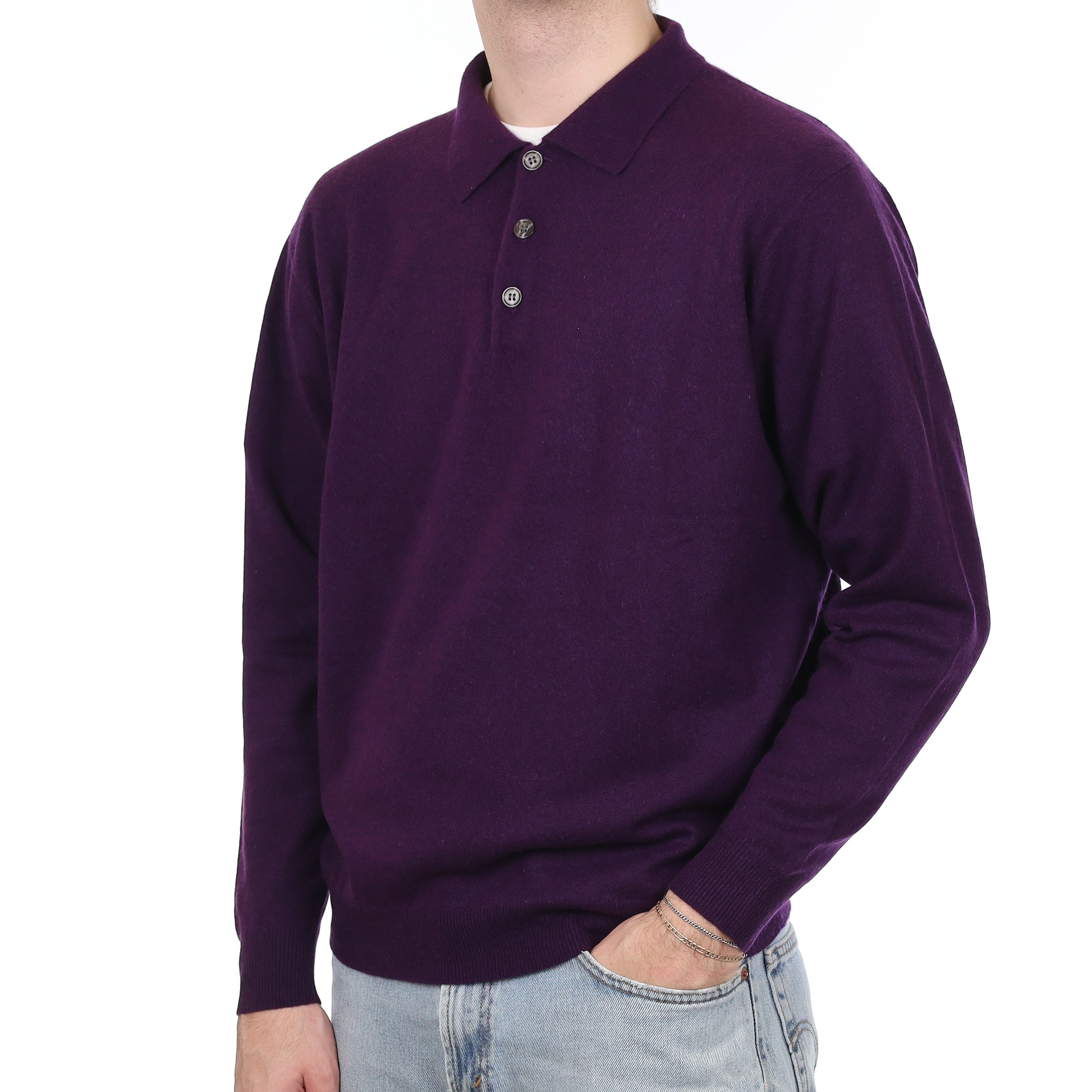 Men's Blueberry Purple Cashmere Collared 1/4 Button Jumper Large