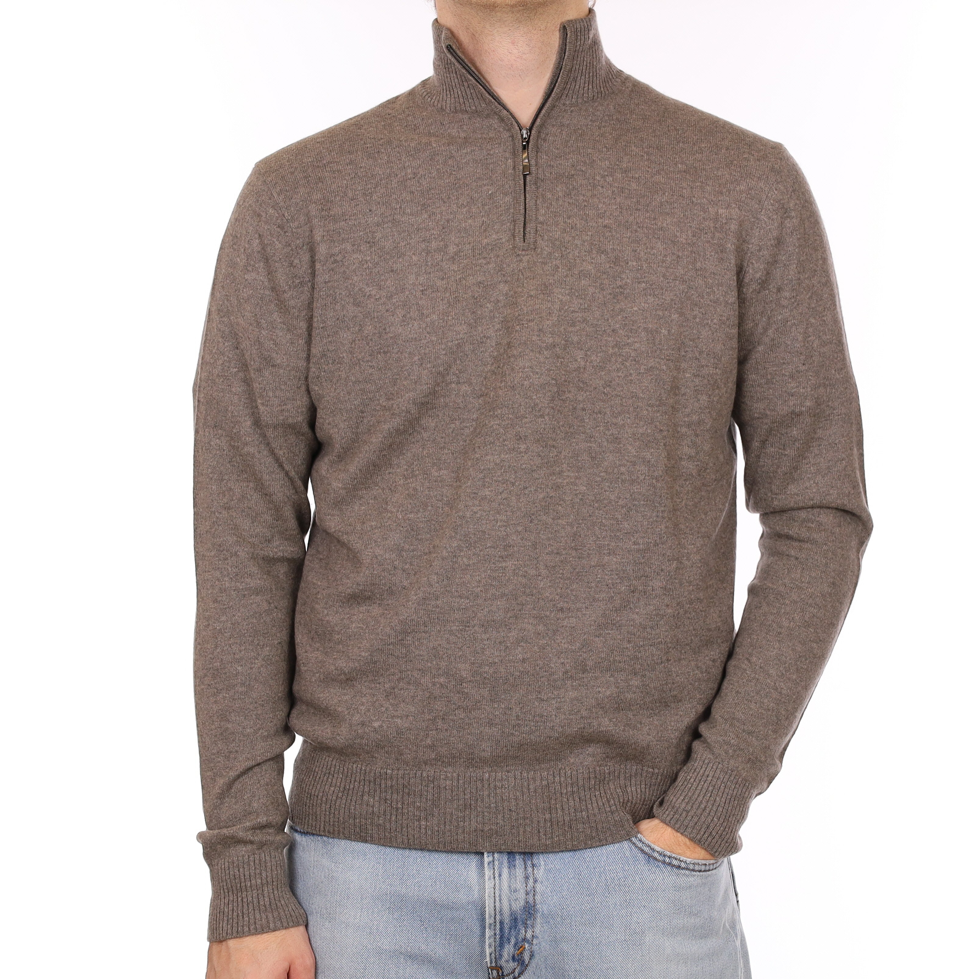 Men's Taupe Brown Marl Cashmere 1/4 Zip Jumper Large