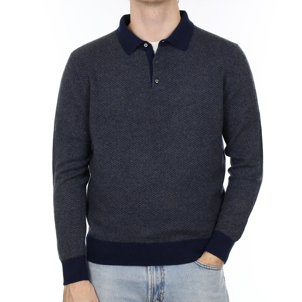 Men's Navy Herringbone Cashmere Collared 1/4 Button Jumper Large