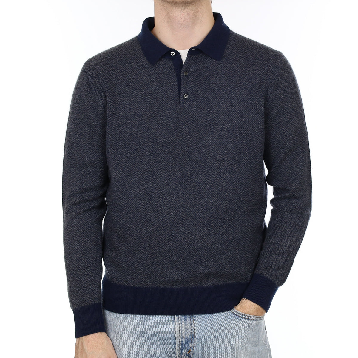Men's Navy Herringbone Cashmere Collared 1/4 Button Jumper Large
