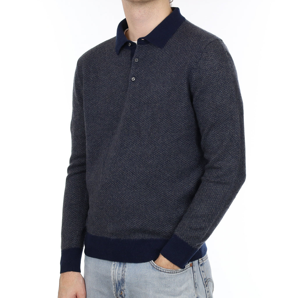 Men's Navy Herringbone Cashmere Collared 1/4 Button Jumper Large