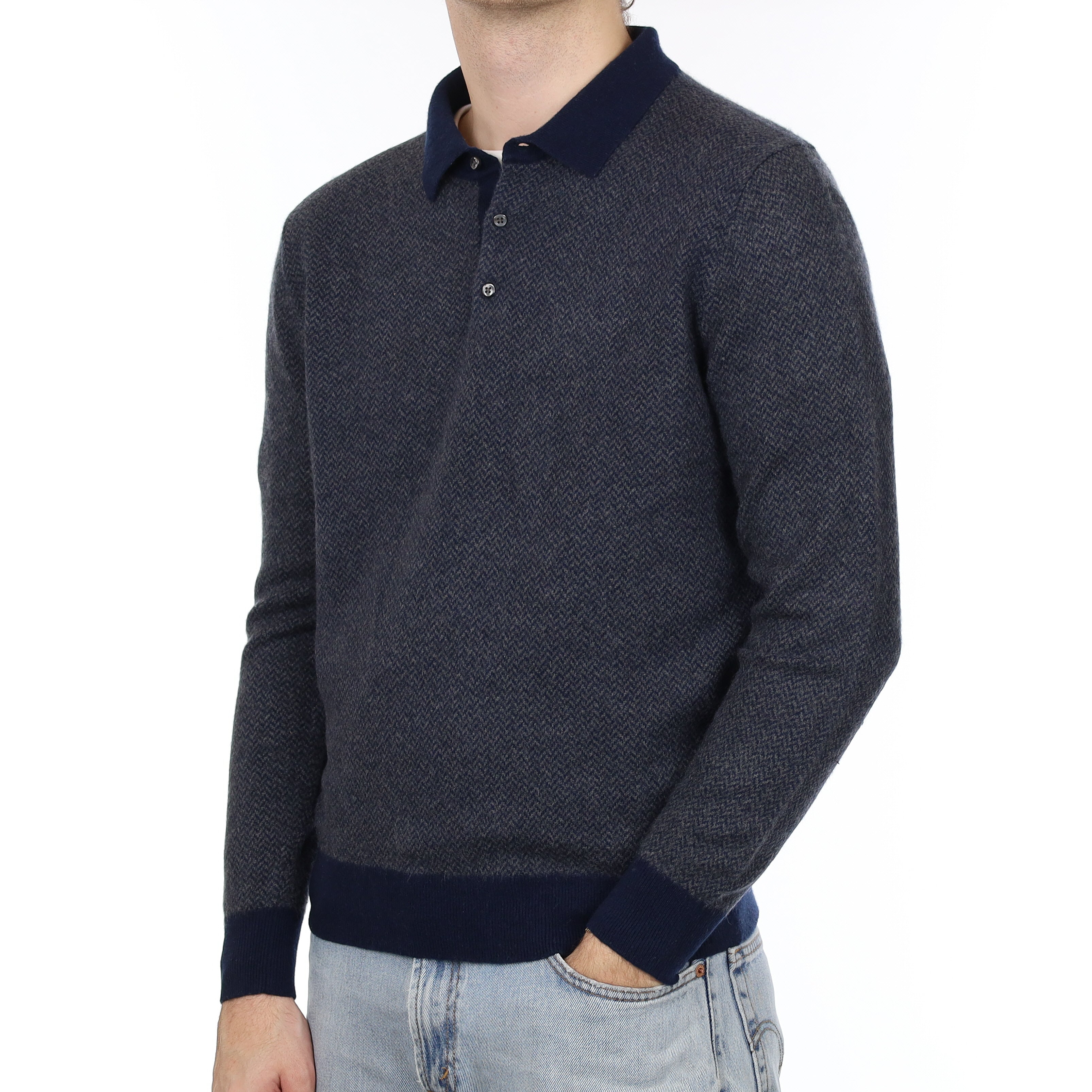 Men's Navy Herringbone Cashmere Collared 1/4 Button Jumper Large