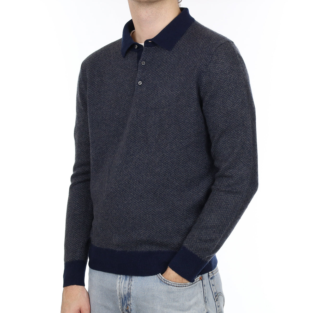 Men's Navy Herringbone Cashmere Collared 1/4 Button Jumper Large