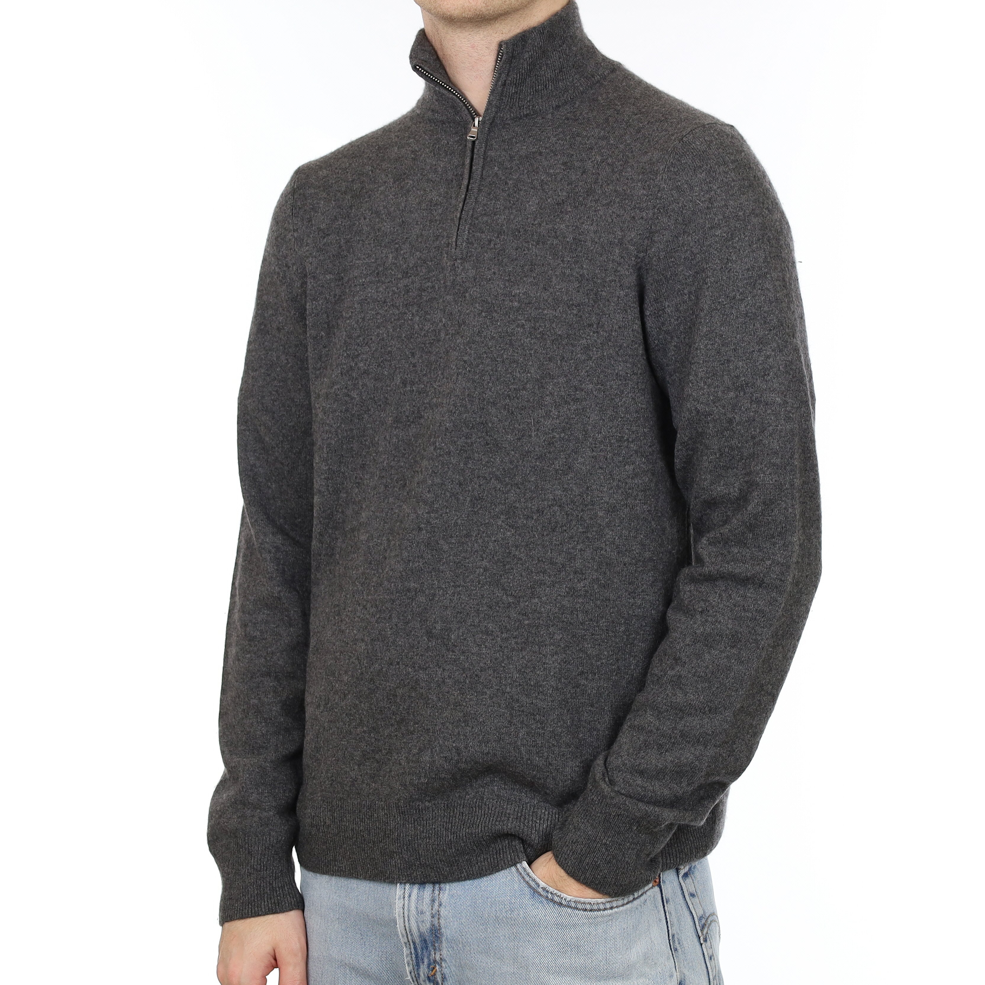 Men's Granite Grey Cashmere 1/4 Zip Jumper Large